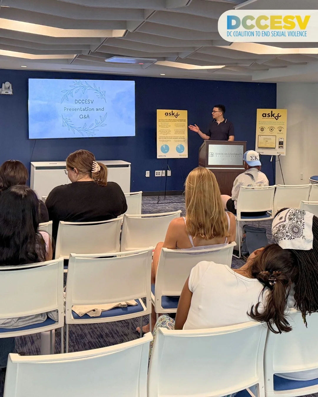 We really enjoyed kicking off our Sexual Assault Awareness Month campus engagements at American University! The Center for Student Belonging and the AU No More Chapter invited DCCESV to a SAAM-focused Peer Impact Dialogue Circle, &ldquo;Self-Care and