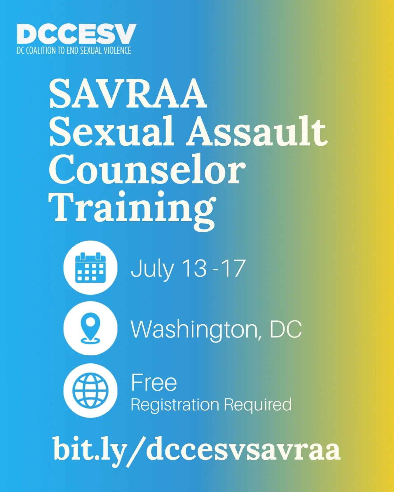 The DC Coalition to End Sexual Violence is pleased to announce our 40‑hour, in‑person Sexual Assault Victims&rsquo; Rights Amendment Act (SAVRAA) Sexual Assault Counselor Training 🗒️

This training is required by DC law for any service provider who 