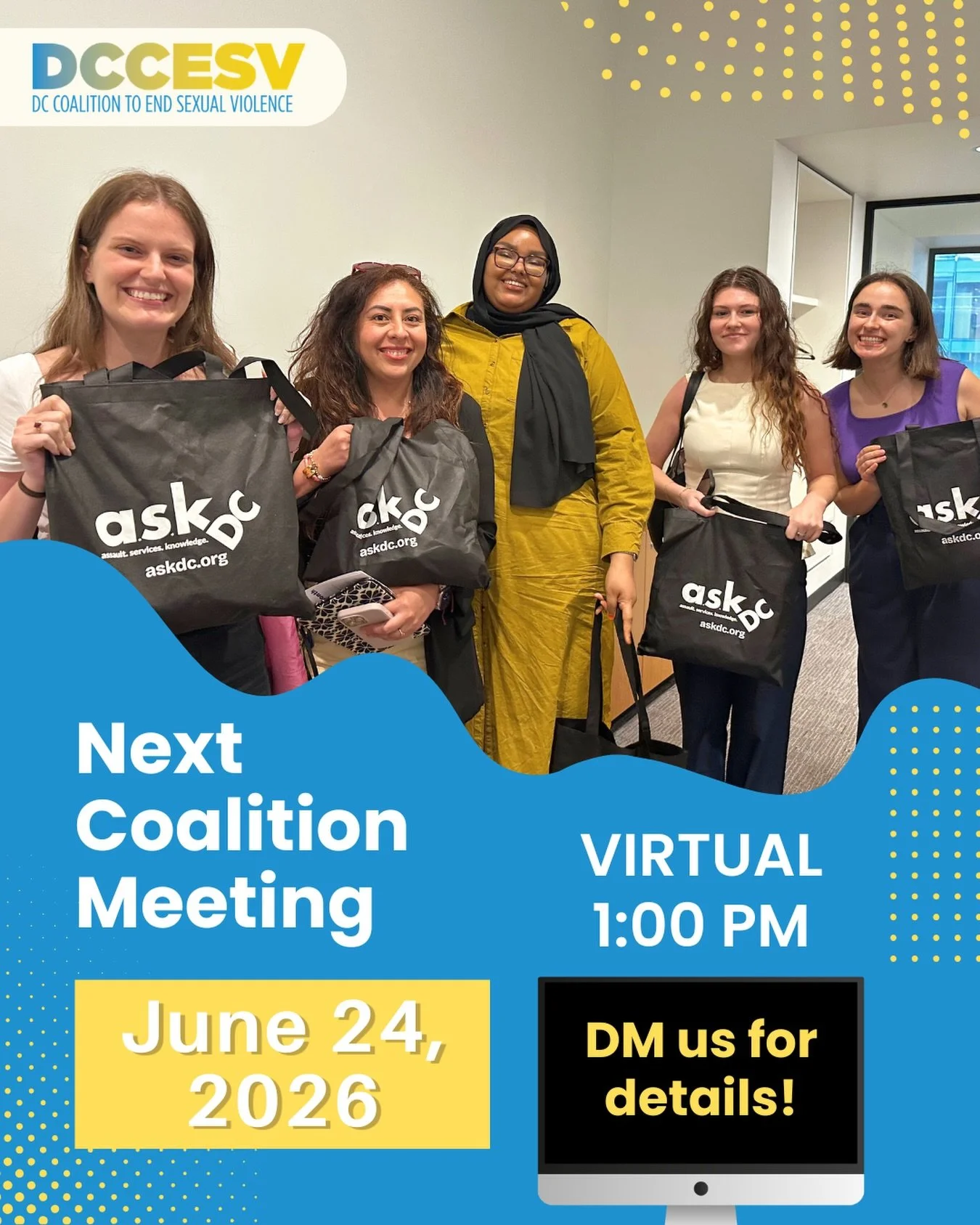 DCCESV&rsquo;s next Coalition meeting will be on June 24th! 📣

All community members are welcome to join us online at 1:00 PM for the latest Coalition updates, a how-to on using ASK DC for providers, and much more. DM us &ldquo;meeting&rdquo; for mo