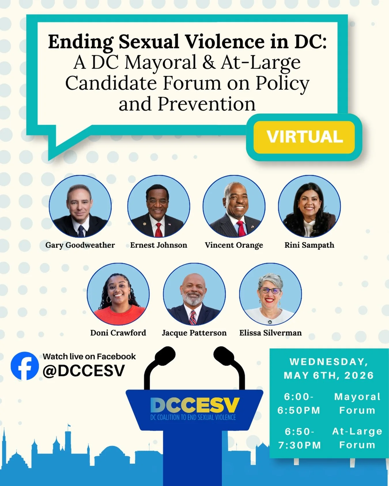 MEET THE CANDIDATES 👋🏼 Tonight at 6:00 PM, we&rsquo;re hosting&nbsp;a&nbsp;live, online candidate forum featuring&nbsp;mayoral candidates Gary&nbsp;Goodweather, Ernest Johnson, Vincent Orange and Rini Sampath, as well as independent at-large candid