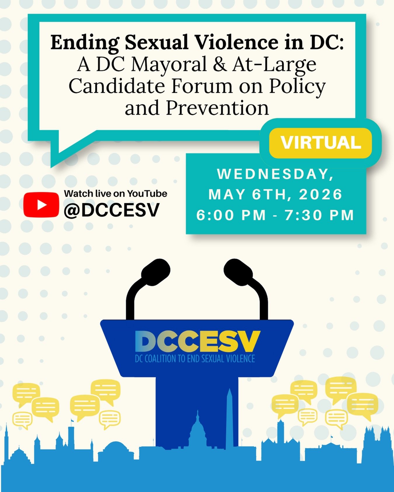 NEW: Tune in next Wednesday from 6:00 PM to 7:30 PM on our DCCESV YouTube channel for a live, virtual candidate forum. This event will convene candidates for Mayor and the Independent At-Large Councilmember special election for a substantive discussi