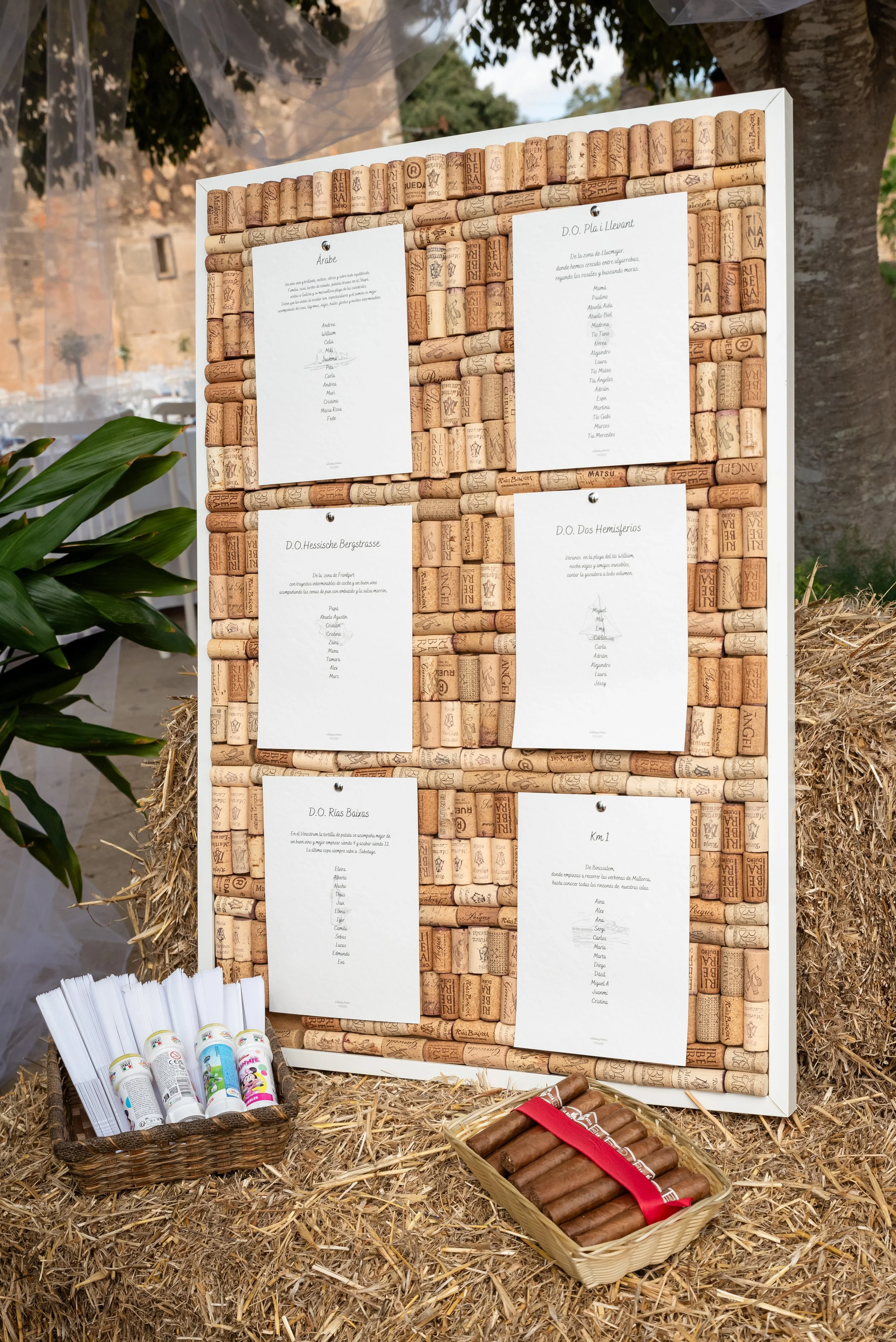 Un tablero de corchos de vino con listas de nombres impresas. A la izquierda, hay un cesto de papeles enrollados y tubos, y a la derecha, una canasta con puros. Todo está sobre un fondo de paja seca.