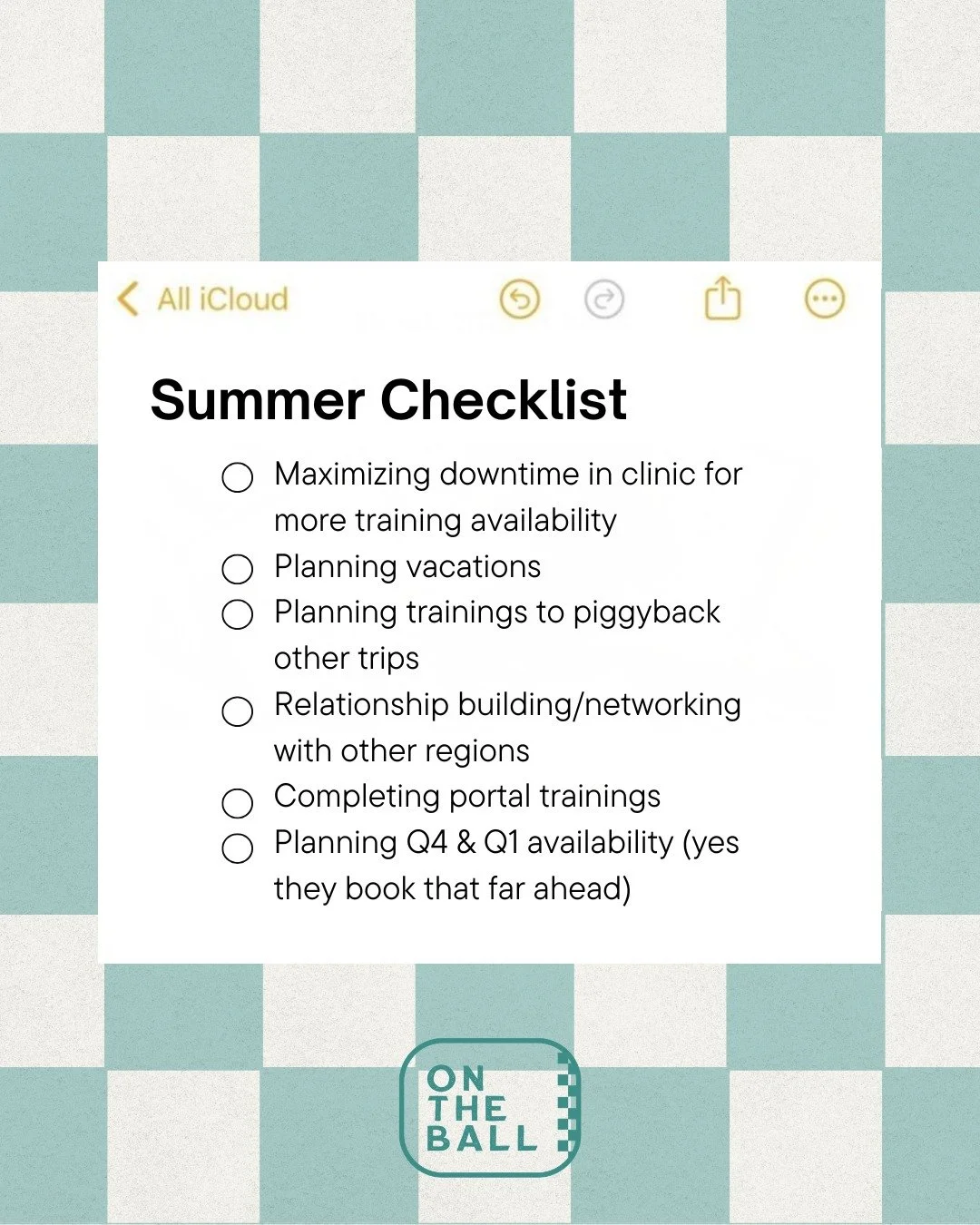Summer is actually one of the best times to get ahead for trainers.

While clinic traffic slows down, your calendar is wide open for the things that move the needle.

Training piggybacked onto existing trips. Portal completions. Locking in Q4 and Q1 