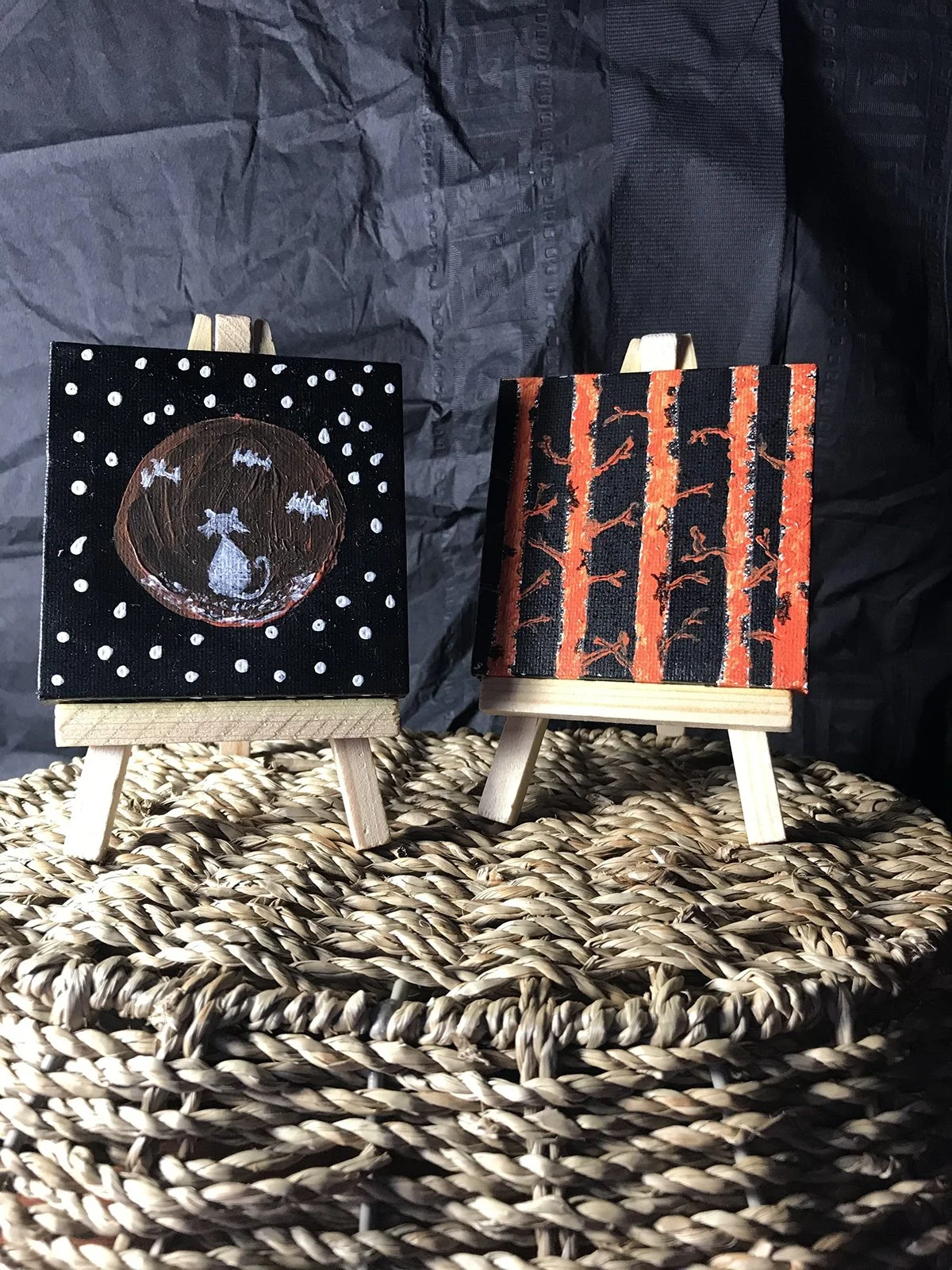 Two small painted mini canvases by Jessica Cabrera celebrating the love of Halloween through dark and gothic-inspired art. These pieces combine calm, expressive aesthetics with spooky charm, showcasing the beauty of gothic style and seasonal creativi