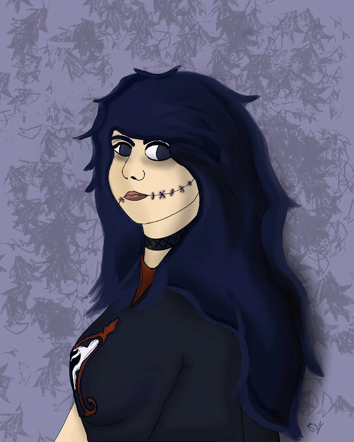 A gothic self-portrait digital artwork by Jessica Cabrera, created in a unique dark art style with stitched-inspired details. This piece reflects the belief that everyone is beautiful, even with their scars, embracing imperfection as a form of empowe