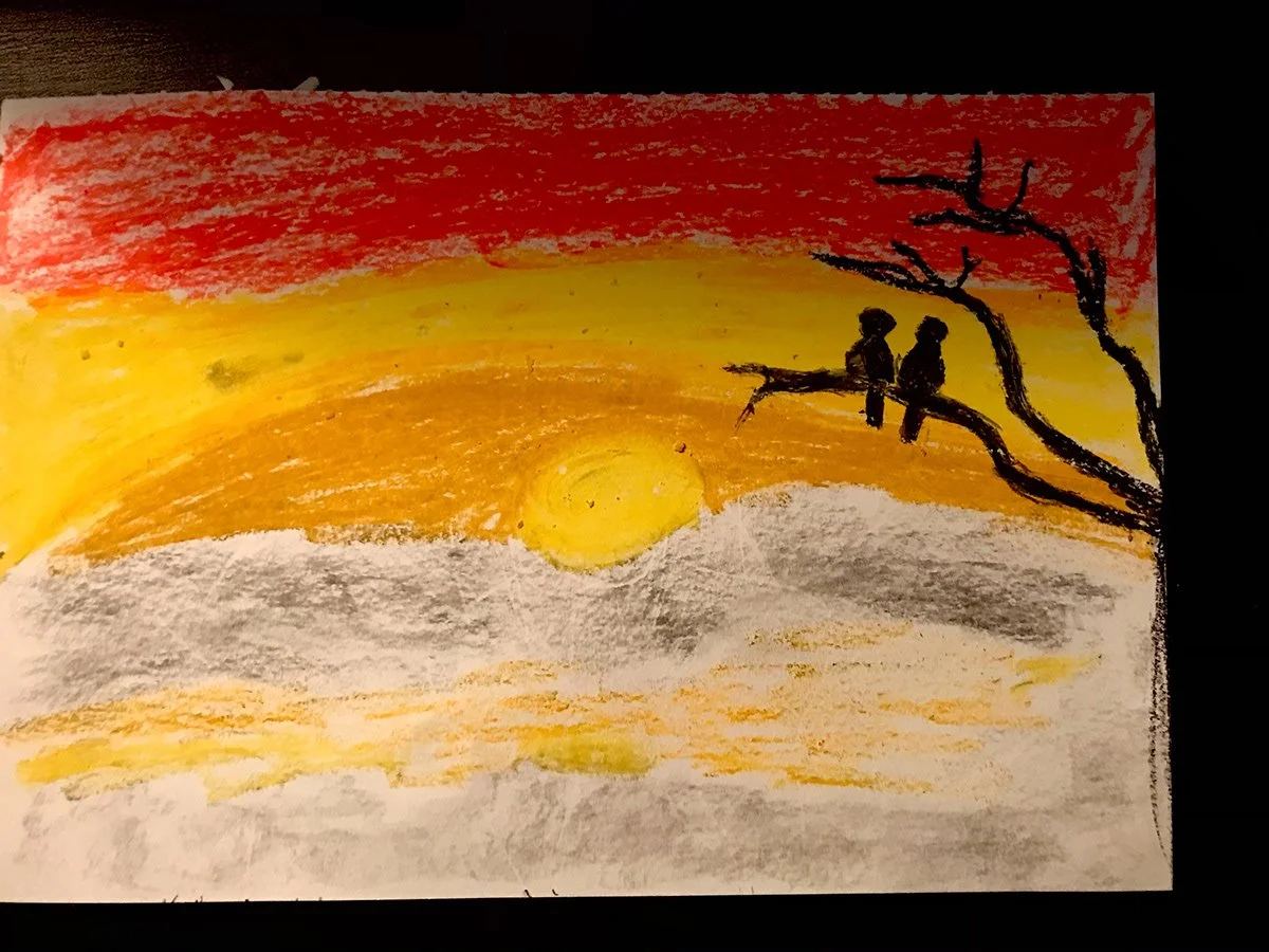 A serene oil pastel artwork featuring two birds, symbolizing calm, love, and peace while connecting with nature. This piece by Jessica Cabrera blends gentle textures and expressive colors to evoke tranquility, emotional connection, and the beauty of 