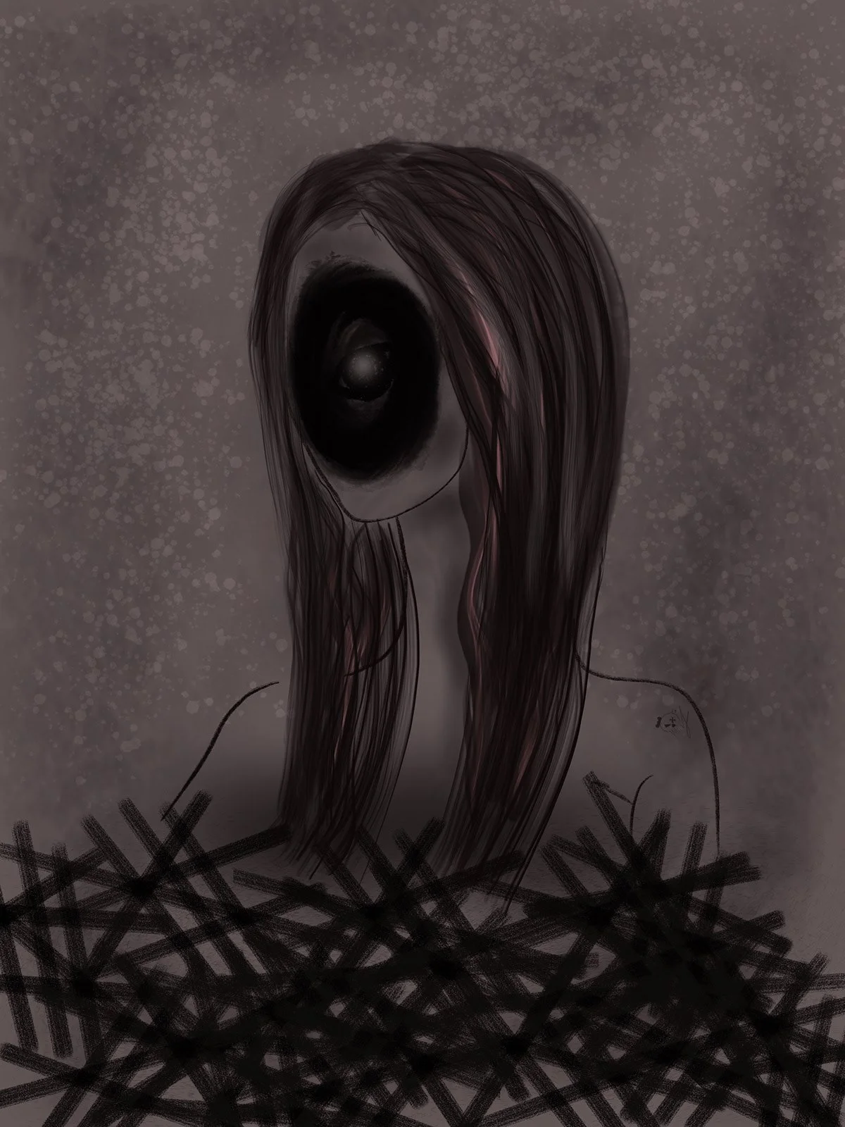 A gothic digital artwork by Jessica Cabrera featuring a faceless woman, symbolizing the experience of being silenced and unheard. This piece reflects personal challenges, identity, and emotional expression, using dark aesthetics and minimalist form t