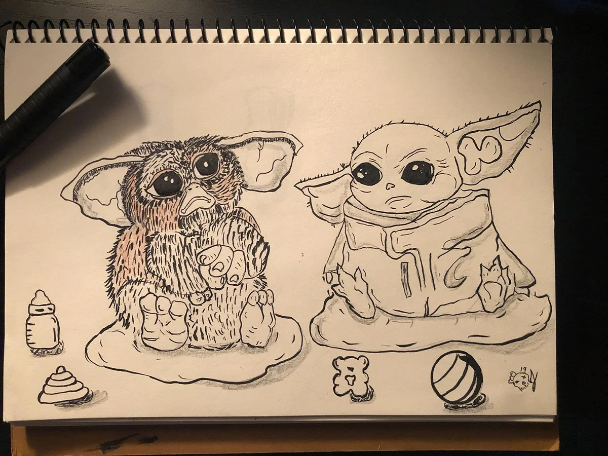 A playful sketch artwork inspired by Gremlins and The Mandalorian, featuring two adorable characters. Jessica Cabrera captures her love for small, strange creatures through expressive lines and imaginative detail, celebrating charm, curiosity, and th