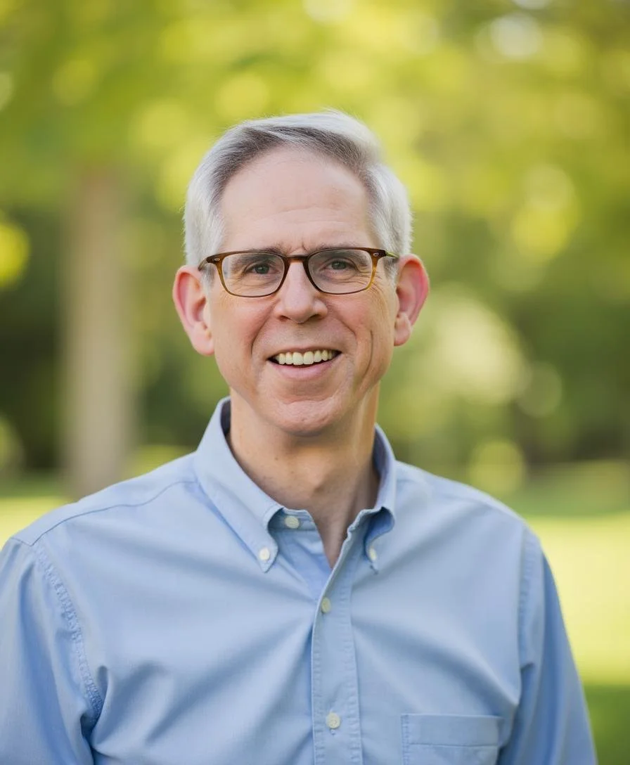 Portrait of a middle-aged man with glasses, gray hair, wearing a light blue button-up shirt, smiling outdoors with green trees in the background.