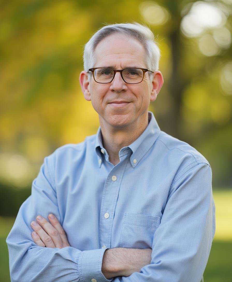 A middle-aged man with gray hair and glasses, wearing a light blue button-up shirt, standing outdoors with trees and sunlight in the background.