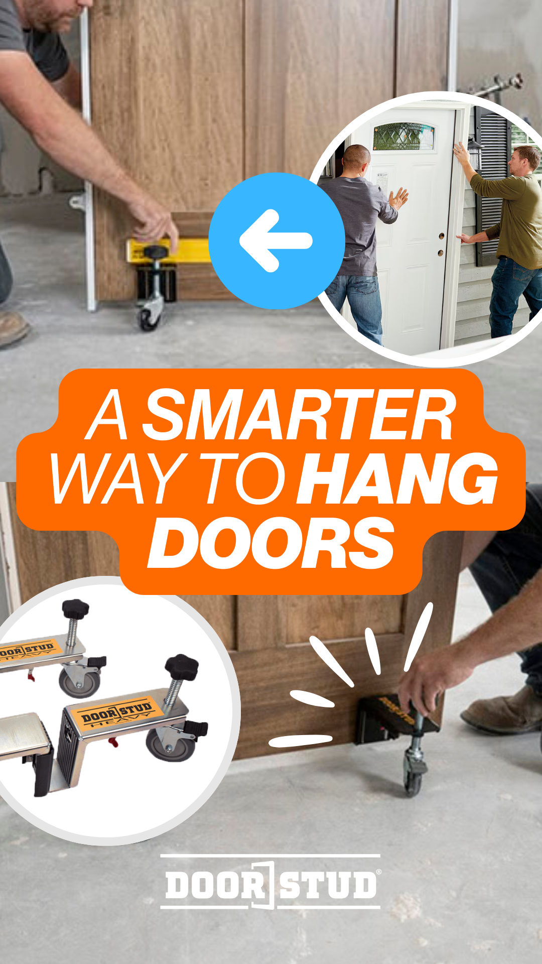 Demo of a hands-free door installation tool with rollerblade wheels, toggle clamps, and pre-calibrated setup. Supports 0–500 lb doors from 0" to 1.75" thick. Lets one person install heavy doors quickly, safely, and without back strain.
