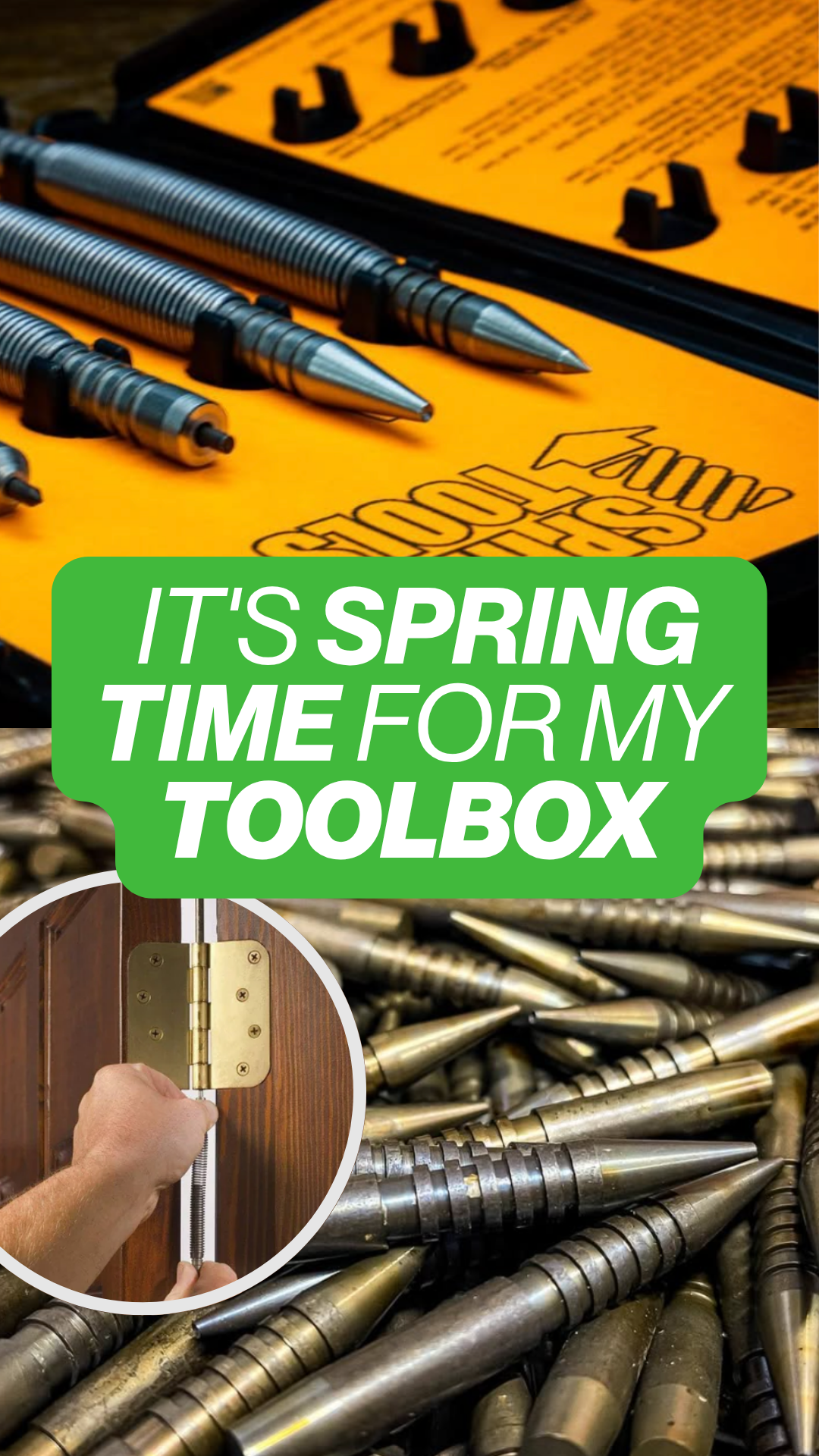 Spring Tools demo featuring a hinge pin remover, nail set, and 5,000 lb impact driver for stripped screws and tight spaces. No power needed — just a hammer. Ideal for automotive work, cabinetry, and precise fastening. Durable, compact tools.