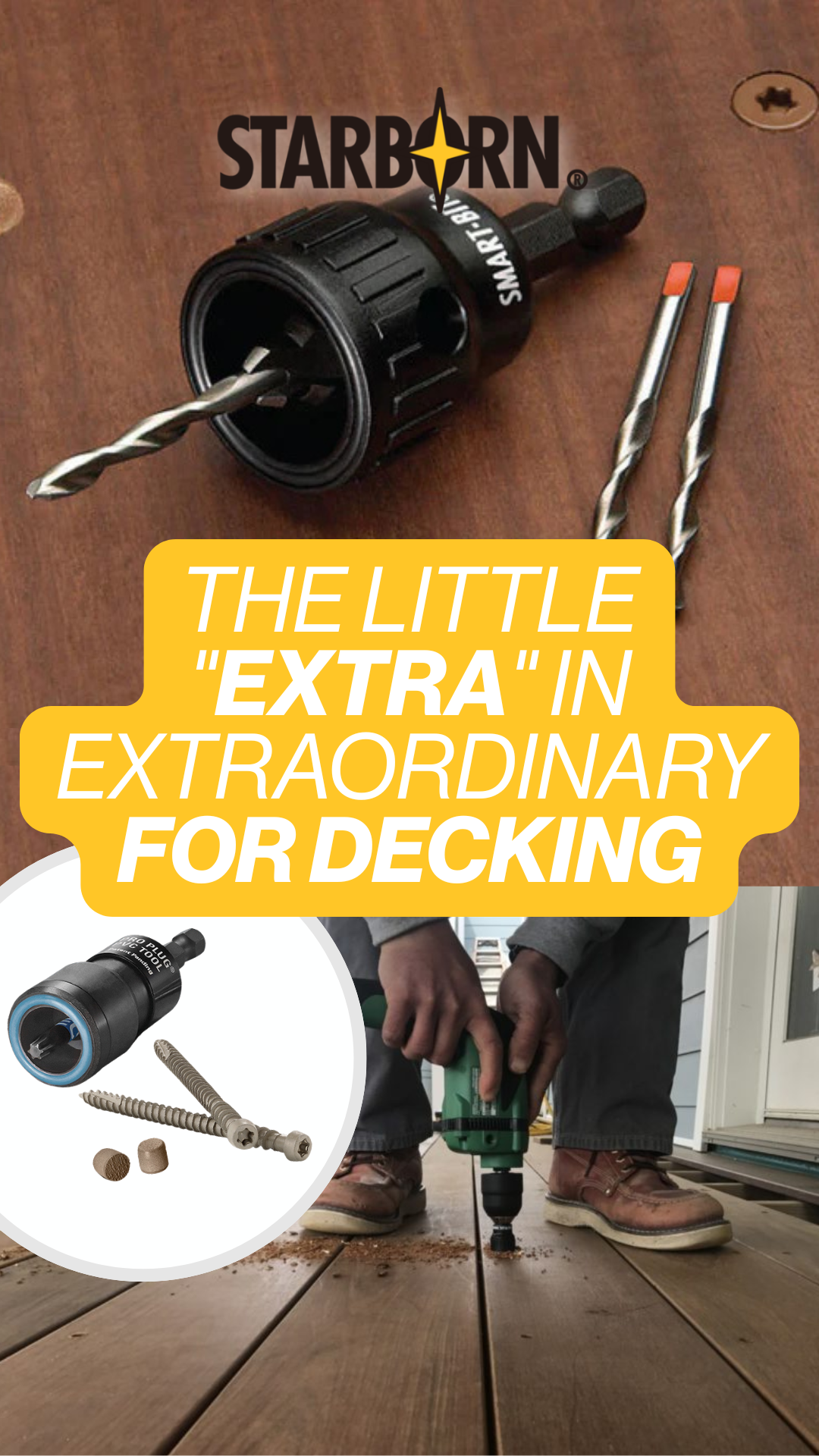 Demo of two deck tools: an adjustable depth setter with a non-marring rubber collar for perfect screw depth, and a plug system that overdrives screws to create clean holes for color-matched plugs like Trex Spiced Rum, making fasteners disappear.