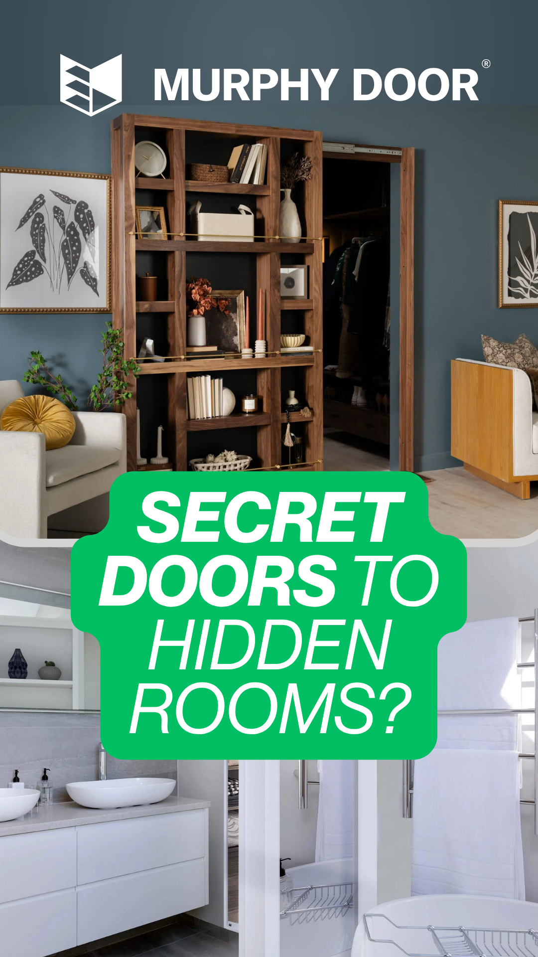 Murphy Doors hidden furniture doors including a murphy bed, a mirror that doubles as secure storage for coats or firearms, and a keypad-locked speakeasy door with backup battery access — designed for secret bars, safe rooms, or discreet home features