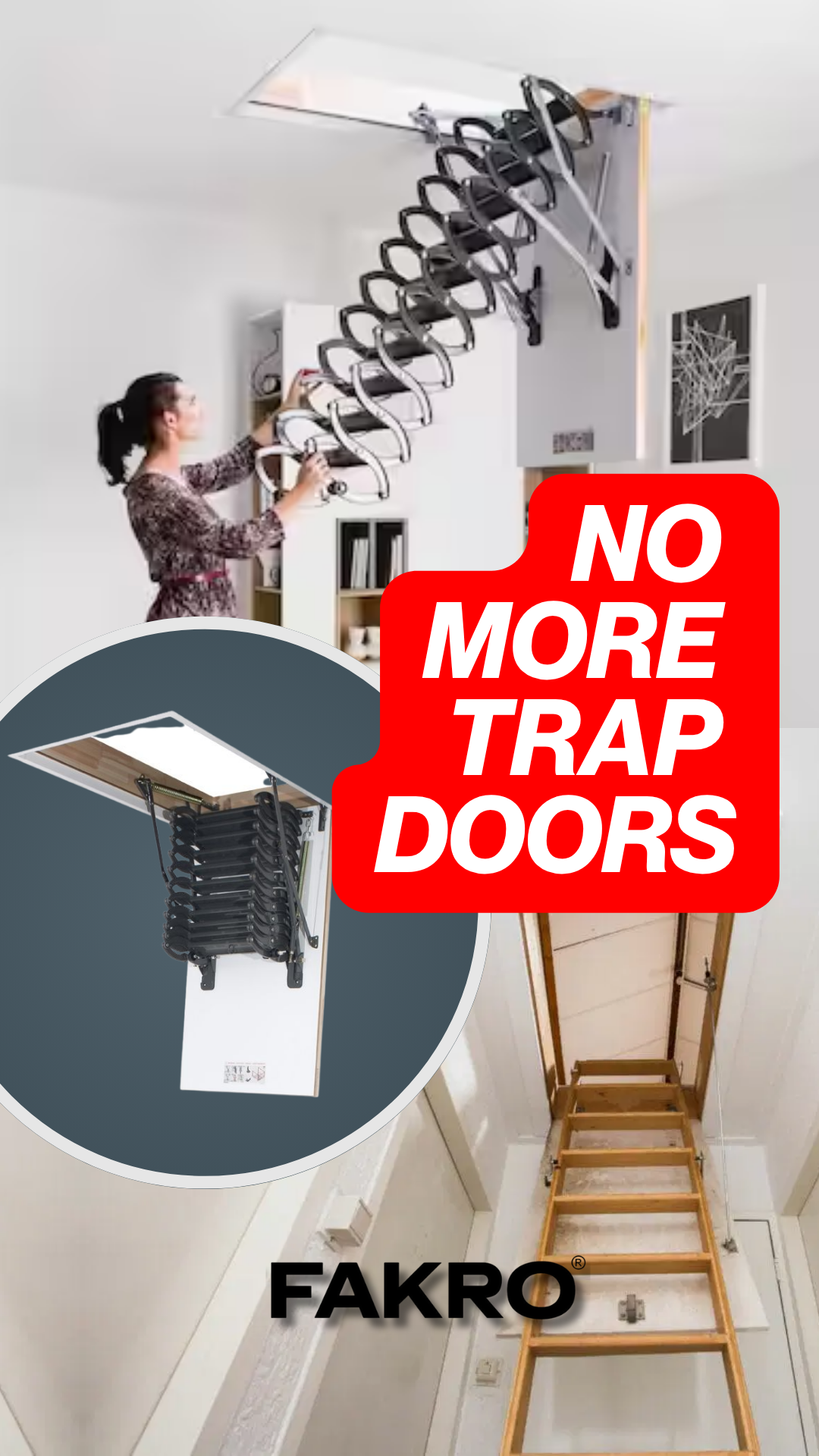 Fully automated attic ladder system with powered door, 350 lb capacity, insulation, and Z-Wave smart home integration. Opens and closes with a button or phone. Smooth, quiet, and polished — makes attic access part of your home, not a hassle.