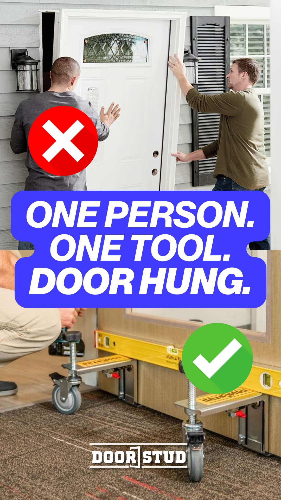 The Door Stud makes solo door installs easy. Clamp, roll, and position doors without lifting or damage. Steel construction and smooth base handle standard to heavy-duty doors. Saves time, prevents strain, and pays for itself after the first use.