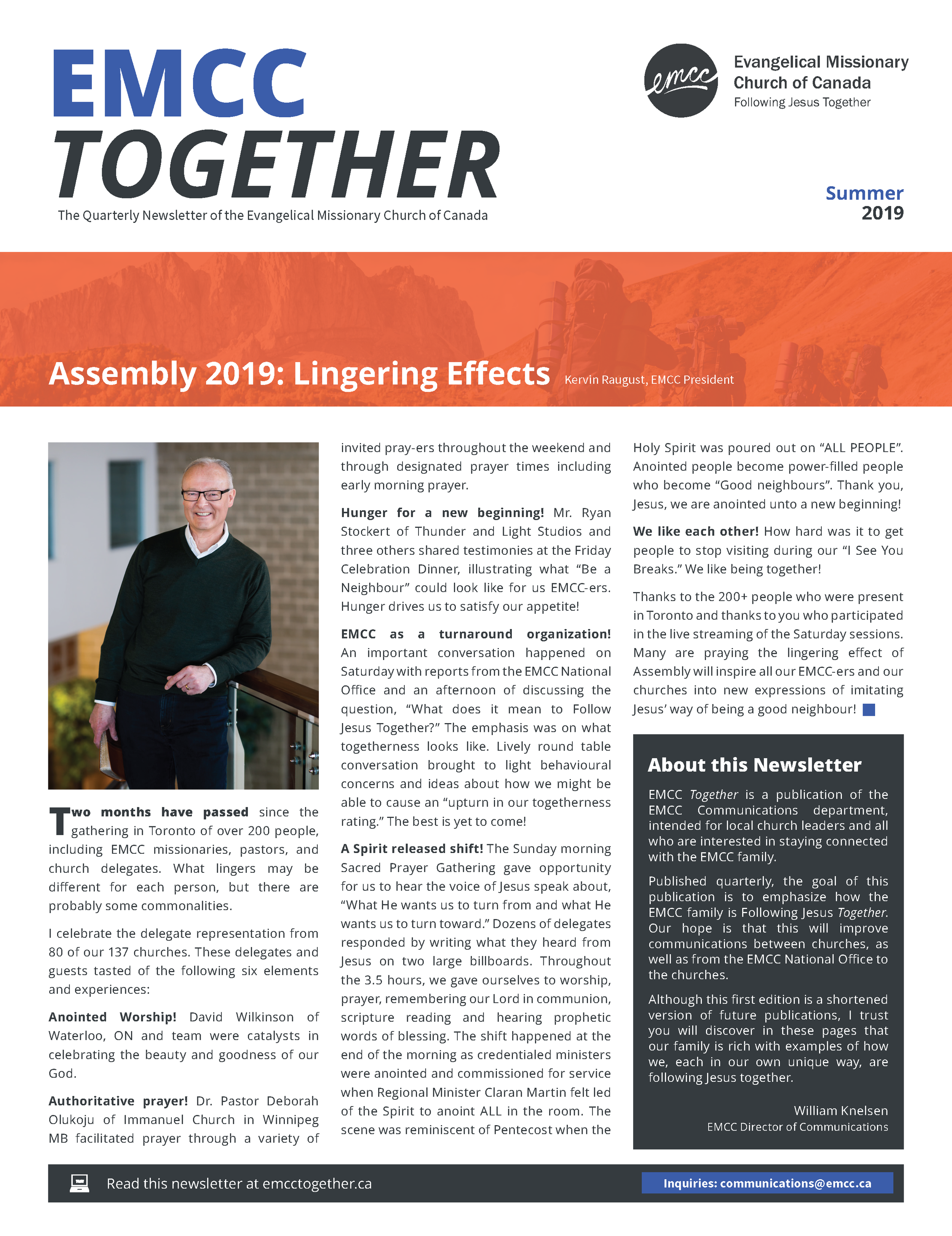 Spring 2019 issue of EMCC Together newsletter featuring articles on church assembly, prayer, and community, with a photo of a smiling man in glasses and dark sweater.