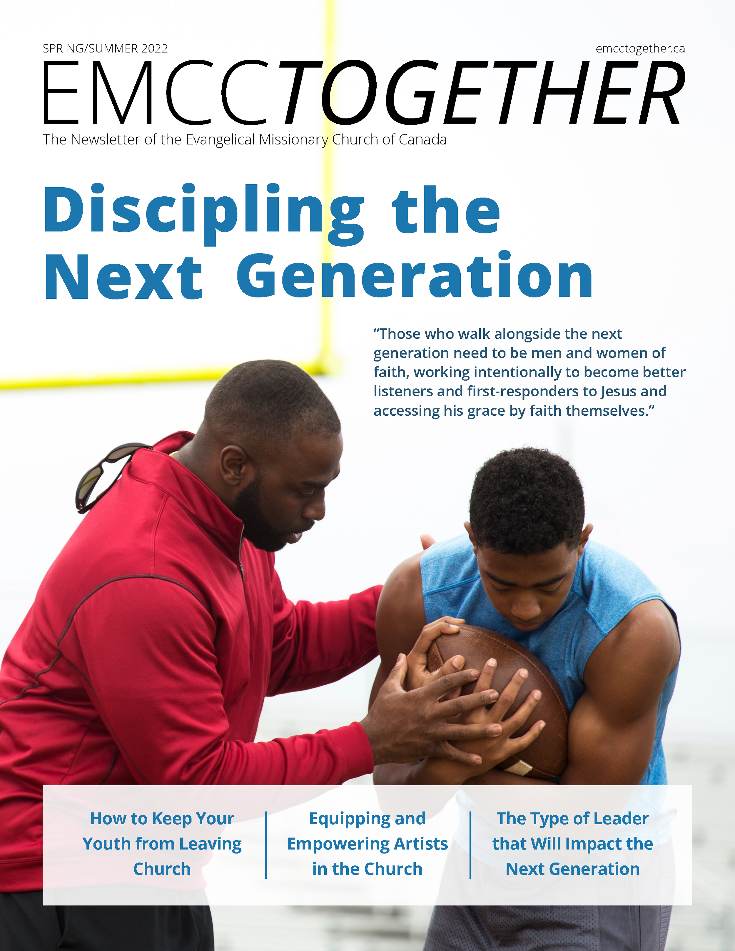 Cover of a church newsletter titled "EMC Together" with a main headline "Discipling the Next Generation" and a photo of an adult helping a young man hold a football.