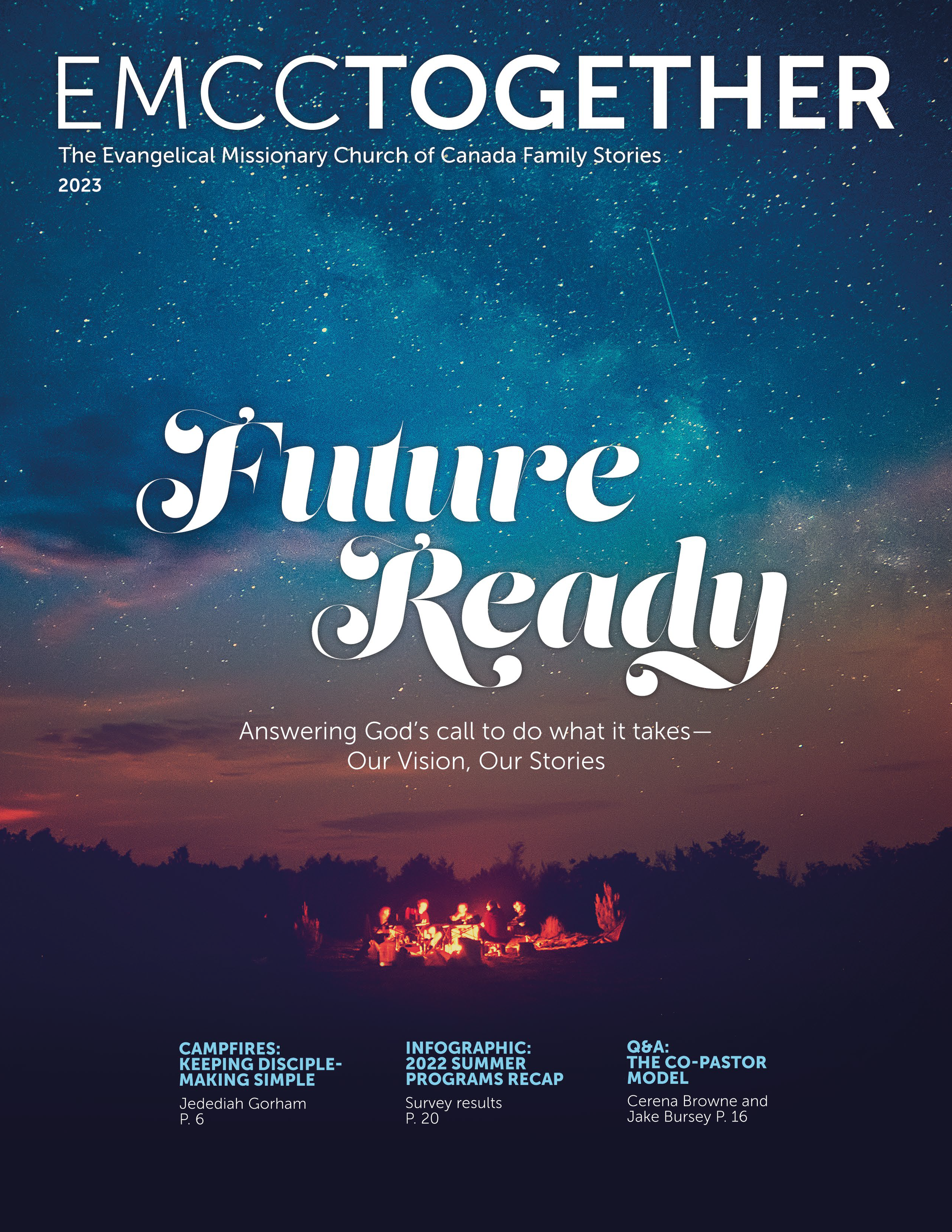 Magazine cover titled 'EMCC Together' with a starry night sky, a silhouetted campfire scene with people, and text about church stories and programs.