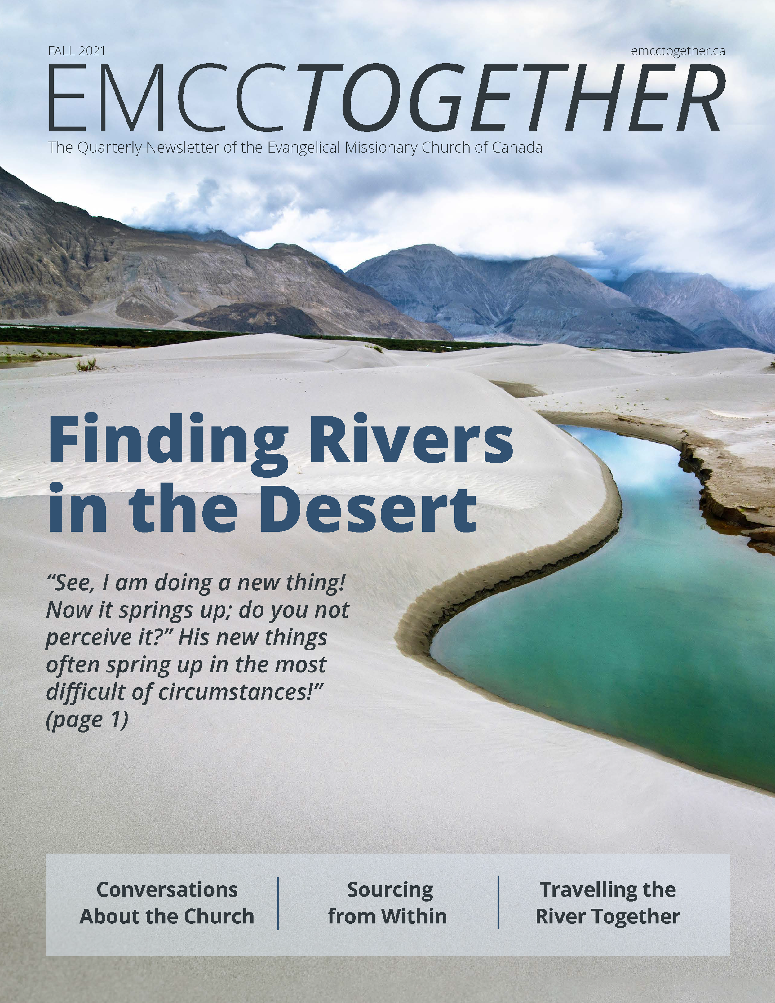 Cover of the Fall 2021 issue of EMCC Together, a newsletter featuring a mountainous desert landscape with a winding river or creek, blue water, sand dunes, and mountains in the background.