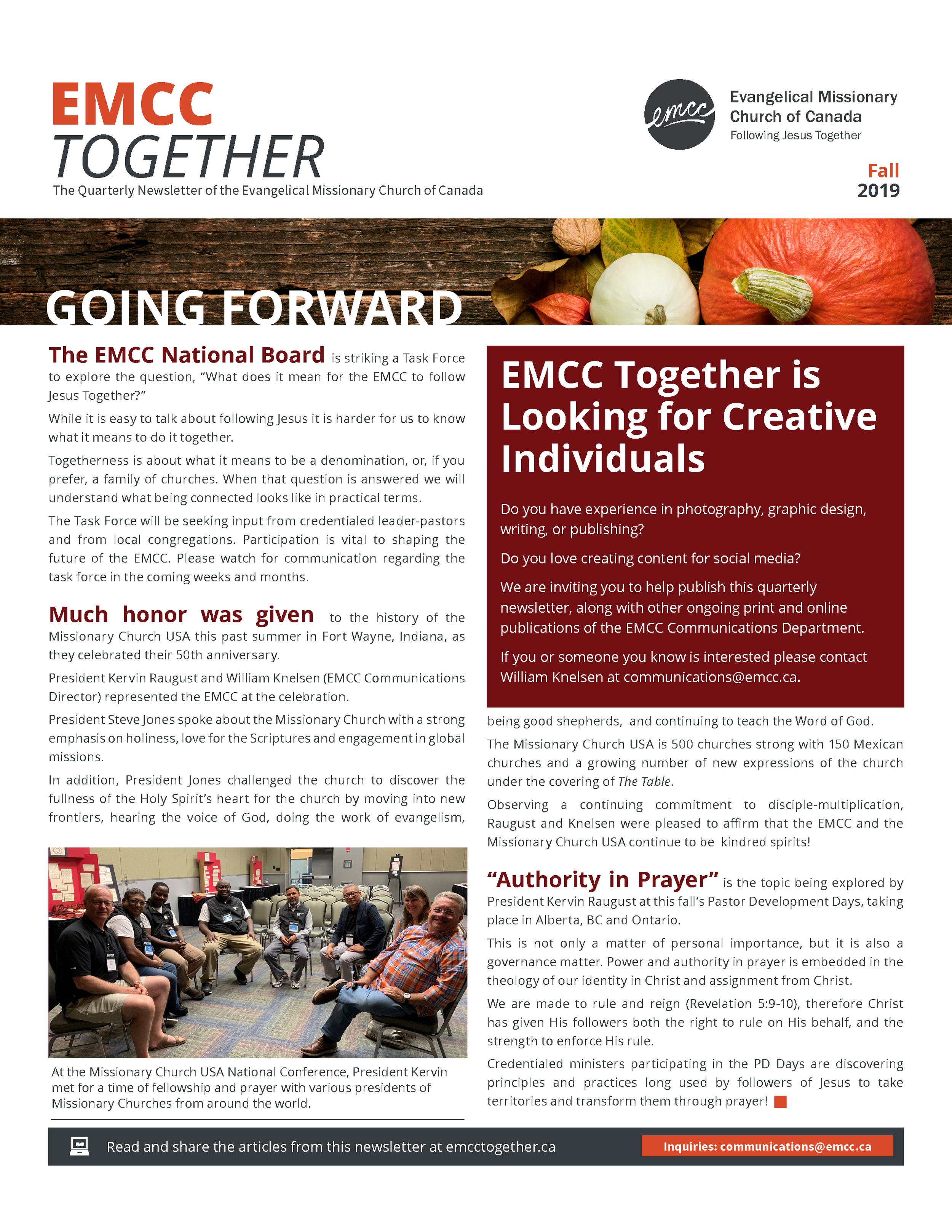 Newsletter header with EMCC logo, title, and fall 2019 date. Main article titled 'Going Forward' with a photo of Kervin in a meeting room, and an article about EMCC seeking creative individuals.