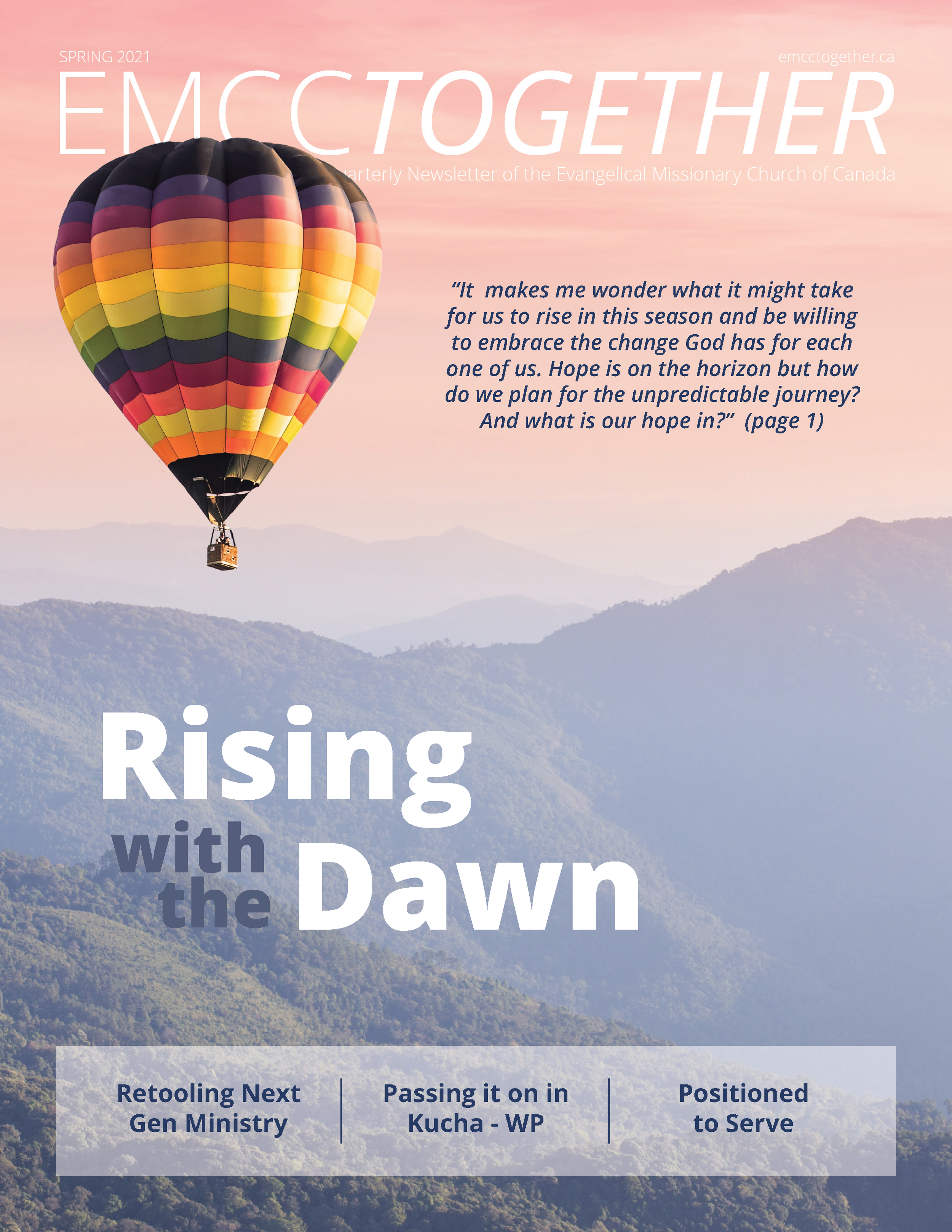 A hot air balloon with colorful stripes floating over a mountain range during sunrise or sunset, on the cover of a spring 2021 newsletter titled 'EMCC Together' by the Evangelical Missionary Church of Canada.