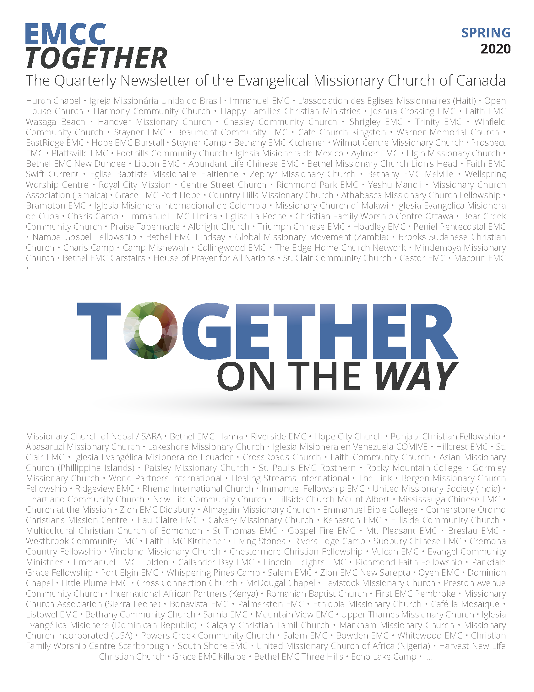 The cover of the EMCC Together newsletter for Spring 2020 featuring a list of many missionary churches and organizations, with the title "Together on the Way" and a colorful circular logo in the word "Together."