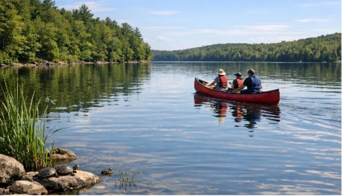 Canoe trip at EMCC Camp Mishewah illustrated (AI generated image)