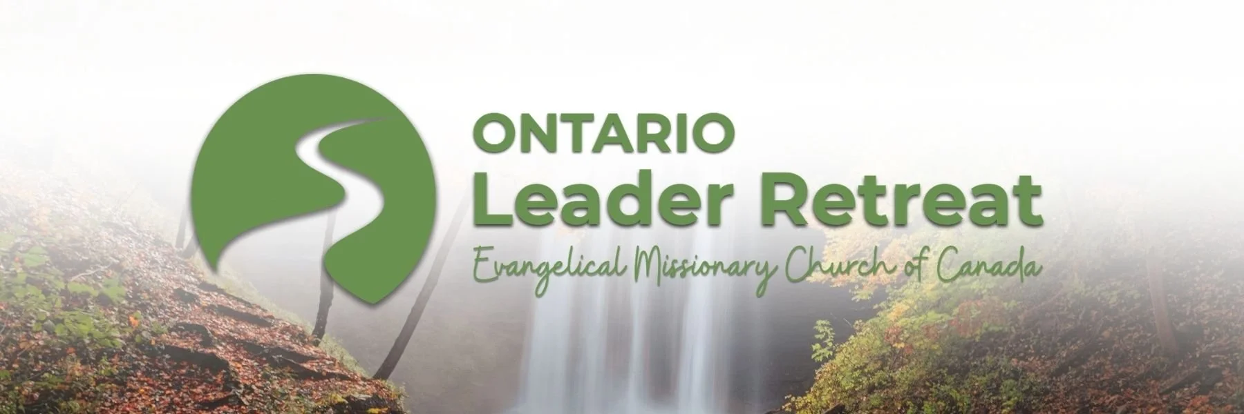 EMCC Ontario Leader Retreat logo overlaid on background of forest floor and waterfall