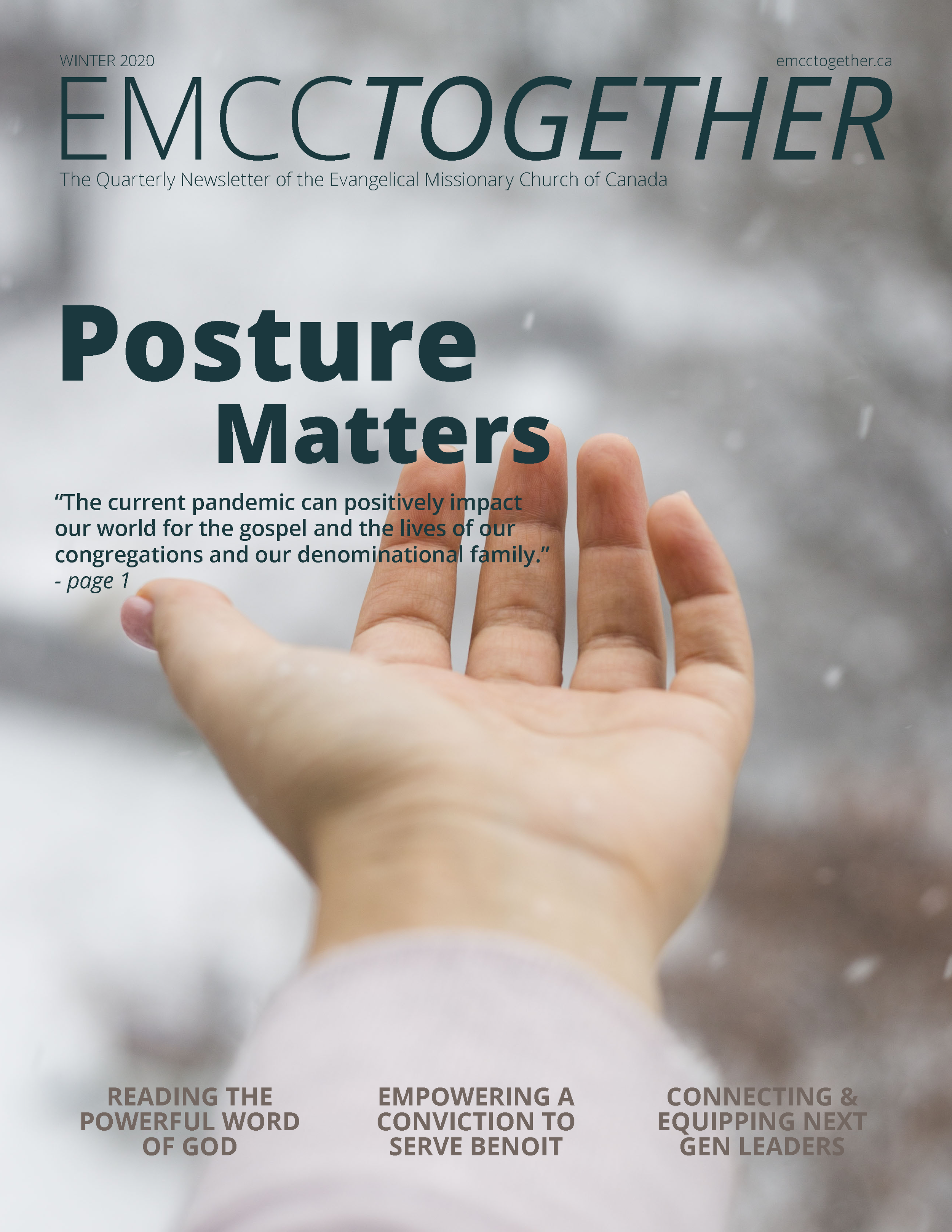 Cover of EMCCtogether winter 2020 newsletter featuring a hand reaching out with a rain or snow-covered background and headlines about posture, faith, and leadership.