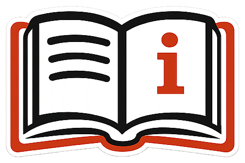 Open book icon with an information symbol on the right page, black outline, red accents.