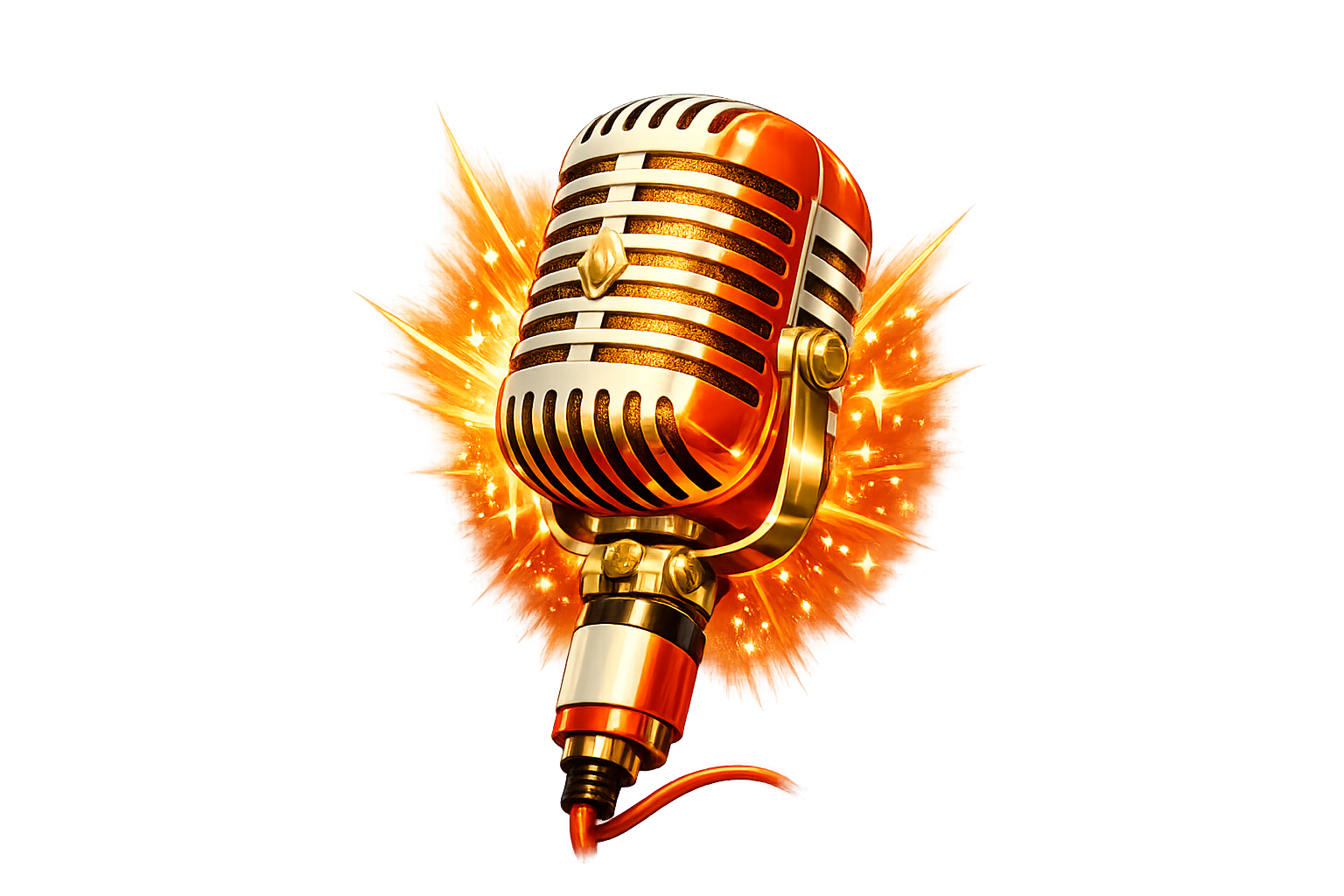 A vintage style microphone with red and gold accents, surrounded by a burst of bright orange and yellow light.