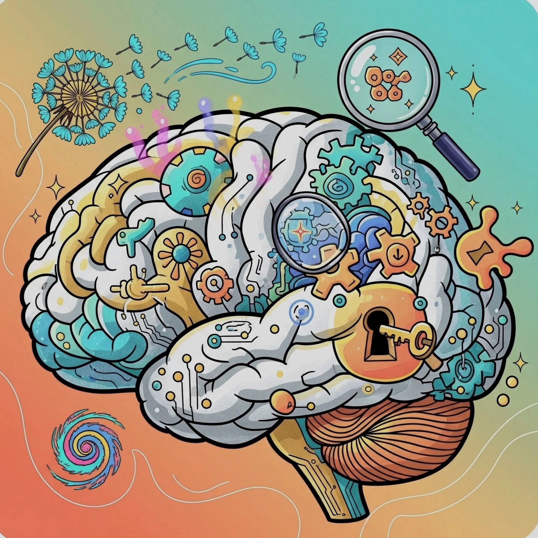 Illustration of a human brain with interconnected gears, cogs, and mechanical parts, symbolizing thinking and cognitive processes. There are also magnifying glasses and colorful swirling patterns around the brain, with a gradient background blending soft colors.
