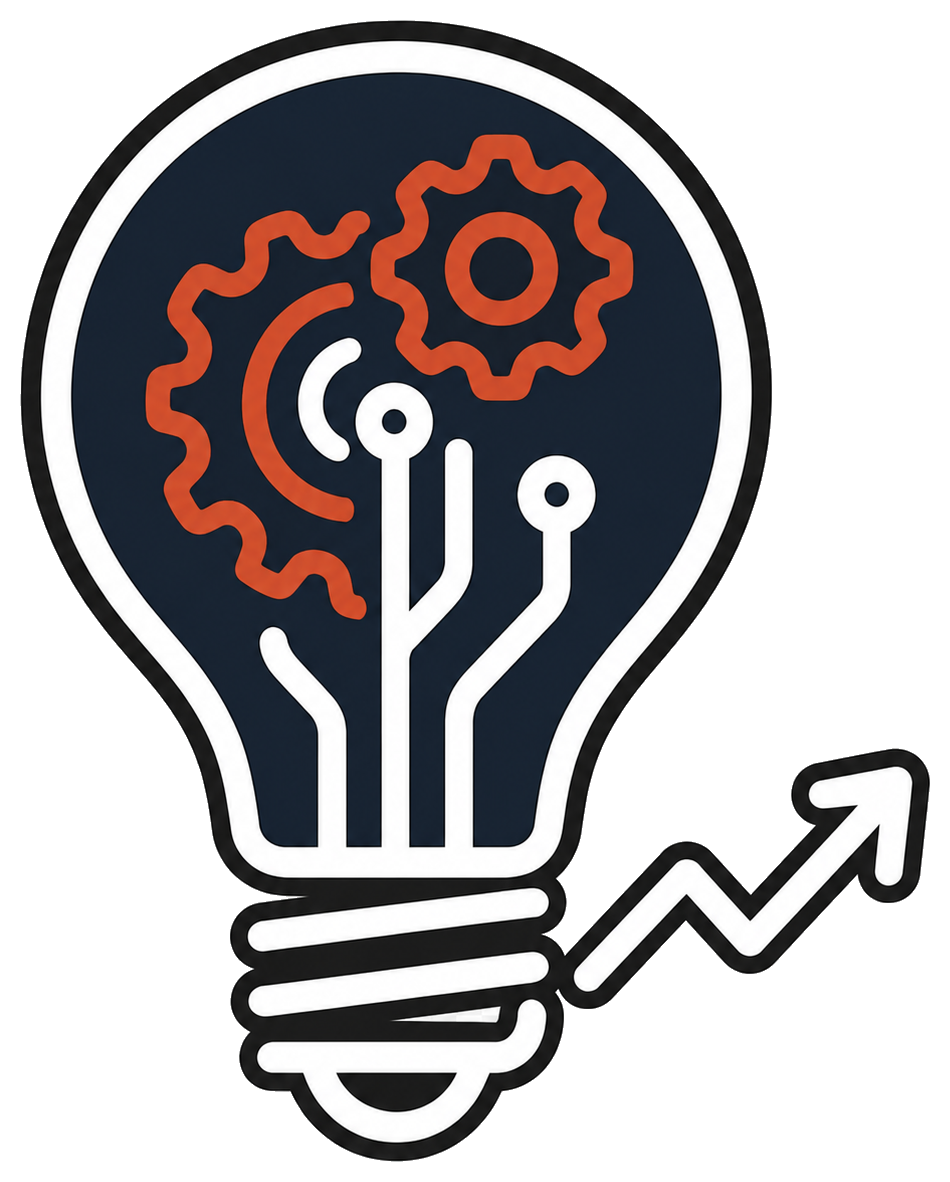 Neon sign featuring a light bulb with gears inside, connected to an upward trending arrow, symbolizing innovation and growth.