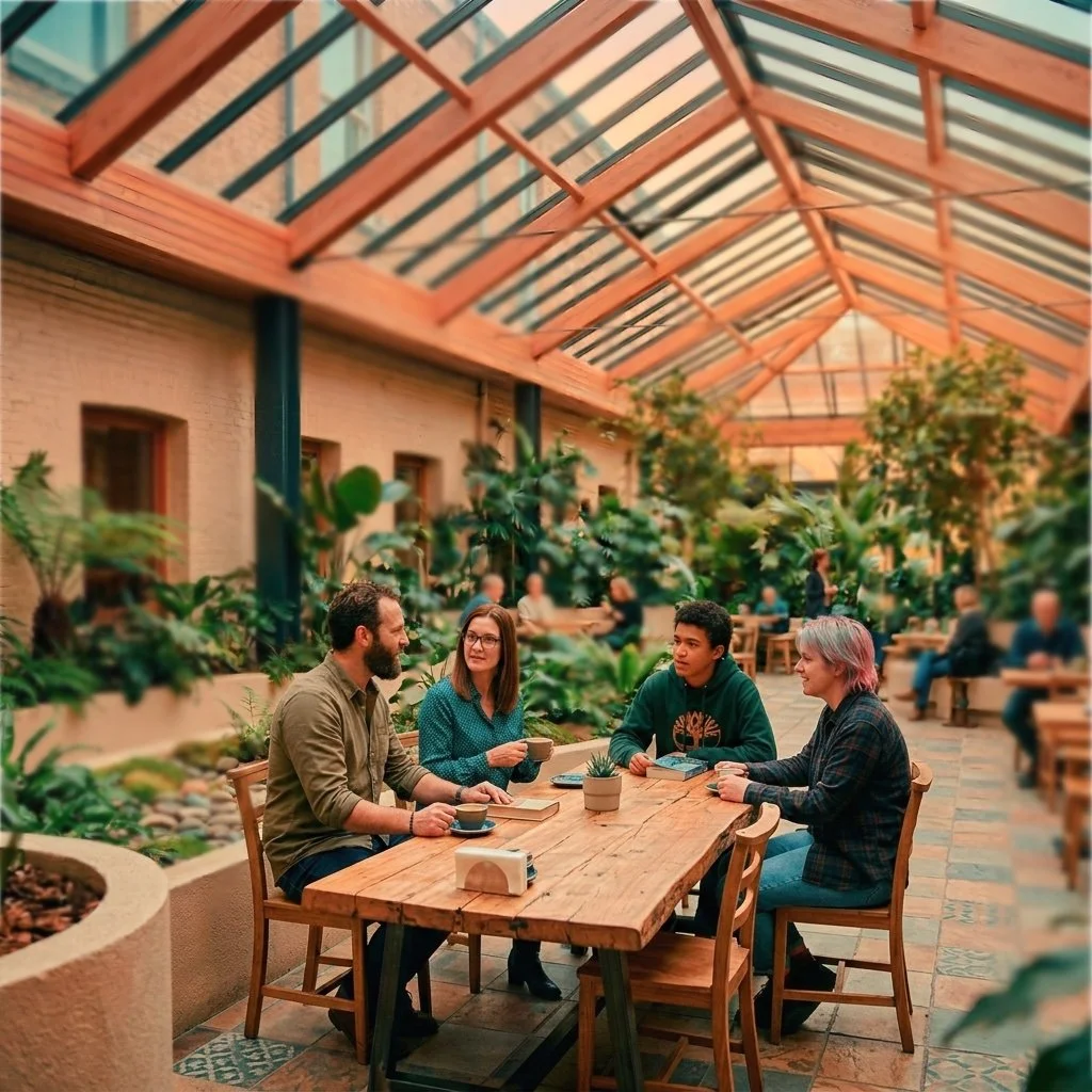 Four people sitting at a wooden table in a greenhouse cafe surrounded by lush green plants, talking and drinking coffee.