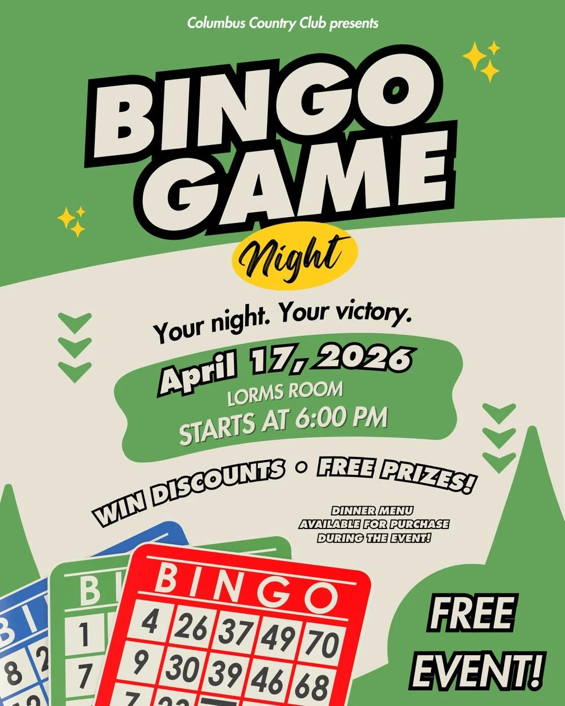 🎉 Bingo Night is back at the Club 🎉
Join us on April 17 for a fun, laid-back night in the Lorms Room &mdash; games start at 6:00 PM.

Enjoy dinner, win prizes, and bring a little friendly competition to your Friday night. Best part? It&rsquo;s comp