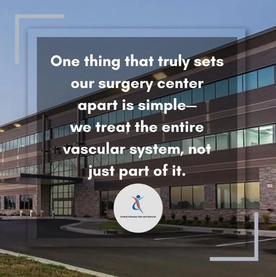 A modern multi-story building with glass windows and brick facade. Overlayed text promoting vascular health and a logo for Central Arkansas Vein and Vascular.