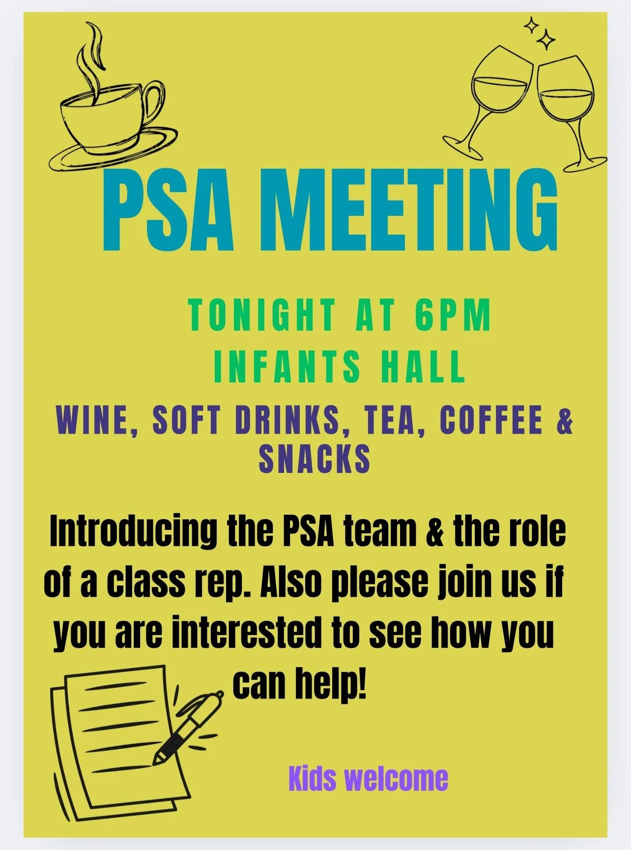 Join us this evening at 6PM in the Infants Hall to meet the PSA team and learn more about the Class Rep role.
We&rsquo;re looking forward to meeting you and sharing what&rsquo;s ahead for the year! ✨