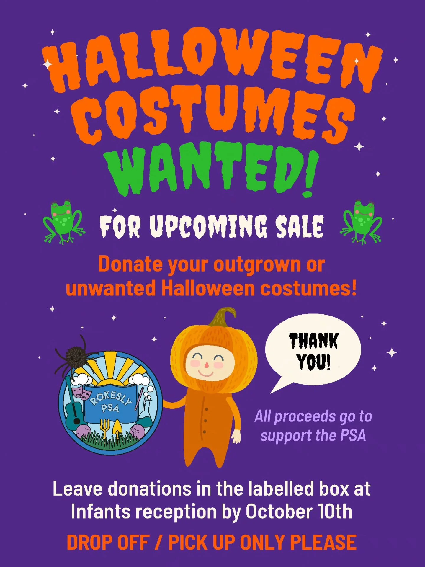 🎃 Halloween Costume Donations 👻

Have your little ghouls and goblins outgrown last year&rsquo;s outfits?

Give them a second life by donating to our Halloween Costume Sale! We&rsquo;re looking for costumes of all sizes &mdash; witches, pumpkins, pi