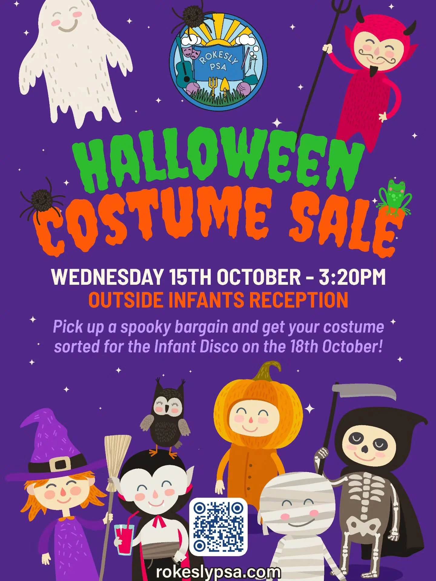🎃 Halloween Costume Sale! 🎃

Get ready for some spooktacular bargains! 👻✨

Join us Wednesday 15th October at 3:20PM, outside Infants Reception, for our Halloween Costume Sale. The perfect place to find a frightfully fun outfit for the Infant Disco
