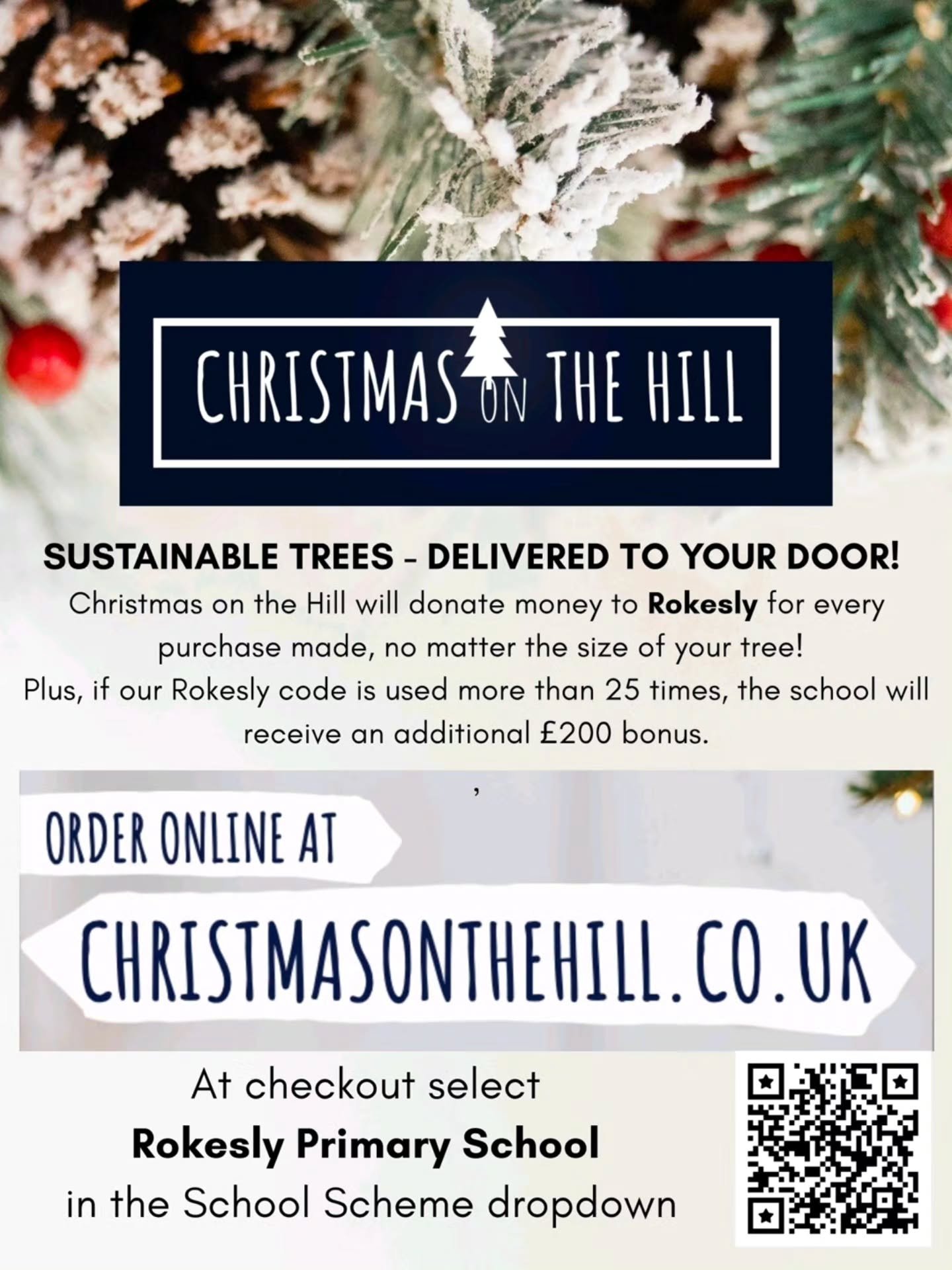 🎄Sustainable Christmas Trees! 🎄

Buy Your Christmas Tree with Christmas on the Hill. 

Sustainable trees, delivered straight to your door.

Every purchase supports Rokesly, and if the code is used 25+ times, we&rsquo;ll receive an extra bonus donat