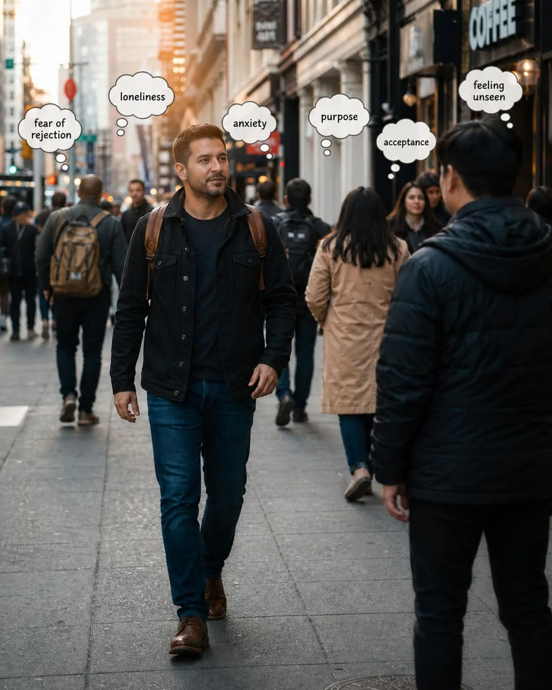 Illustration of people each with thought bubbles above their heads, representing the unseen struggles and needs that prayer helps us see and bring before God