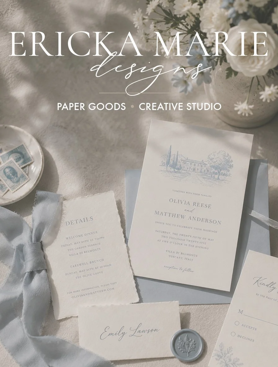 Wedding invitations and details, a wax seal, a small plate with postage stamps, and a vase of white flowers on a light-colored surface.