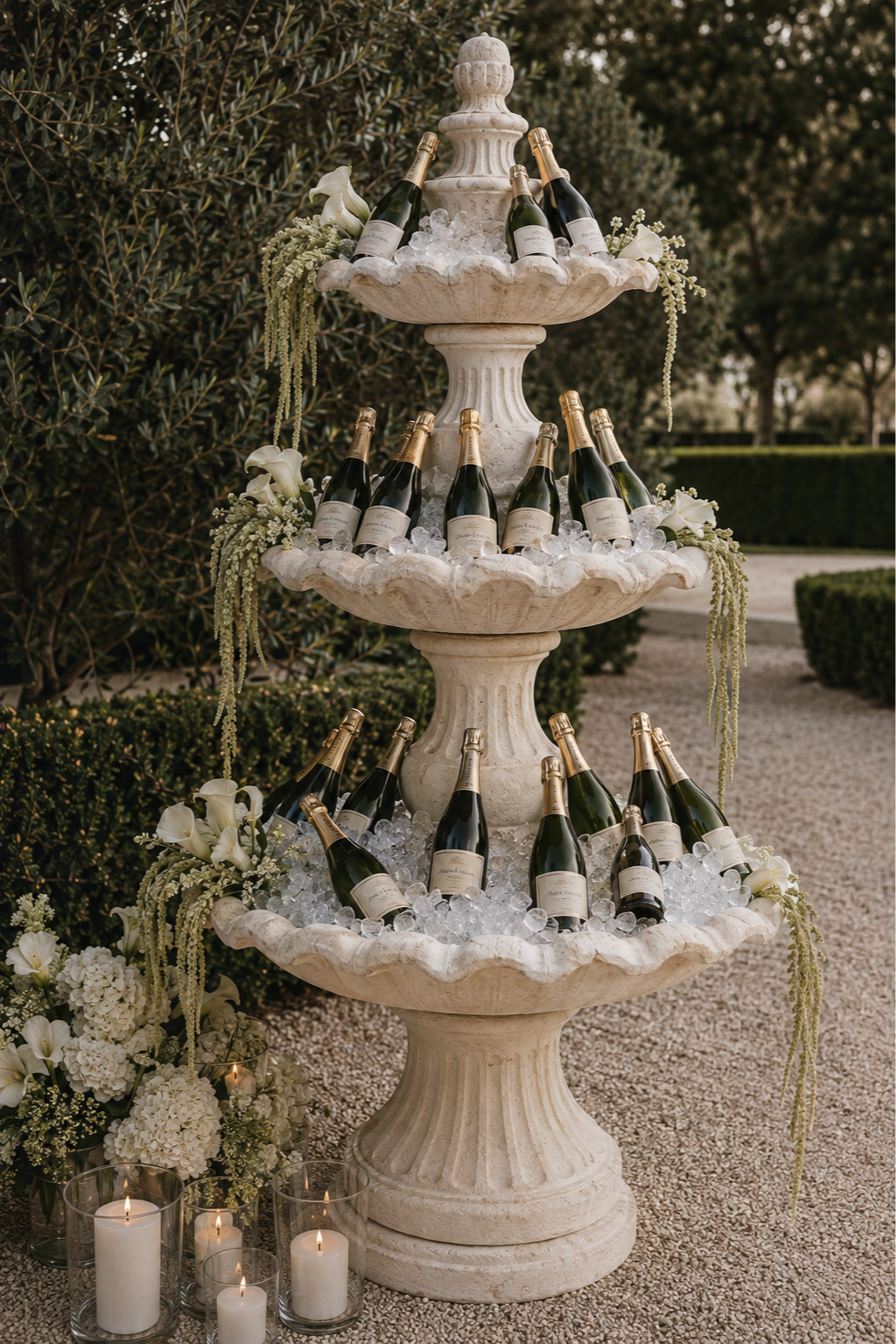 Three-tier white stone fountain decorated with white flowers and champagne bottles filled with ice, set outdoors with trees and bushes in the background, and lit candles at the base.