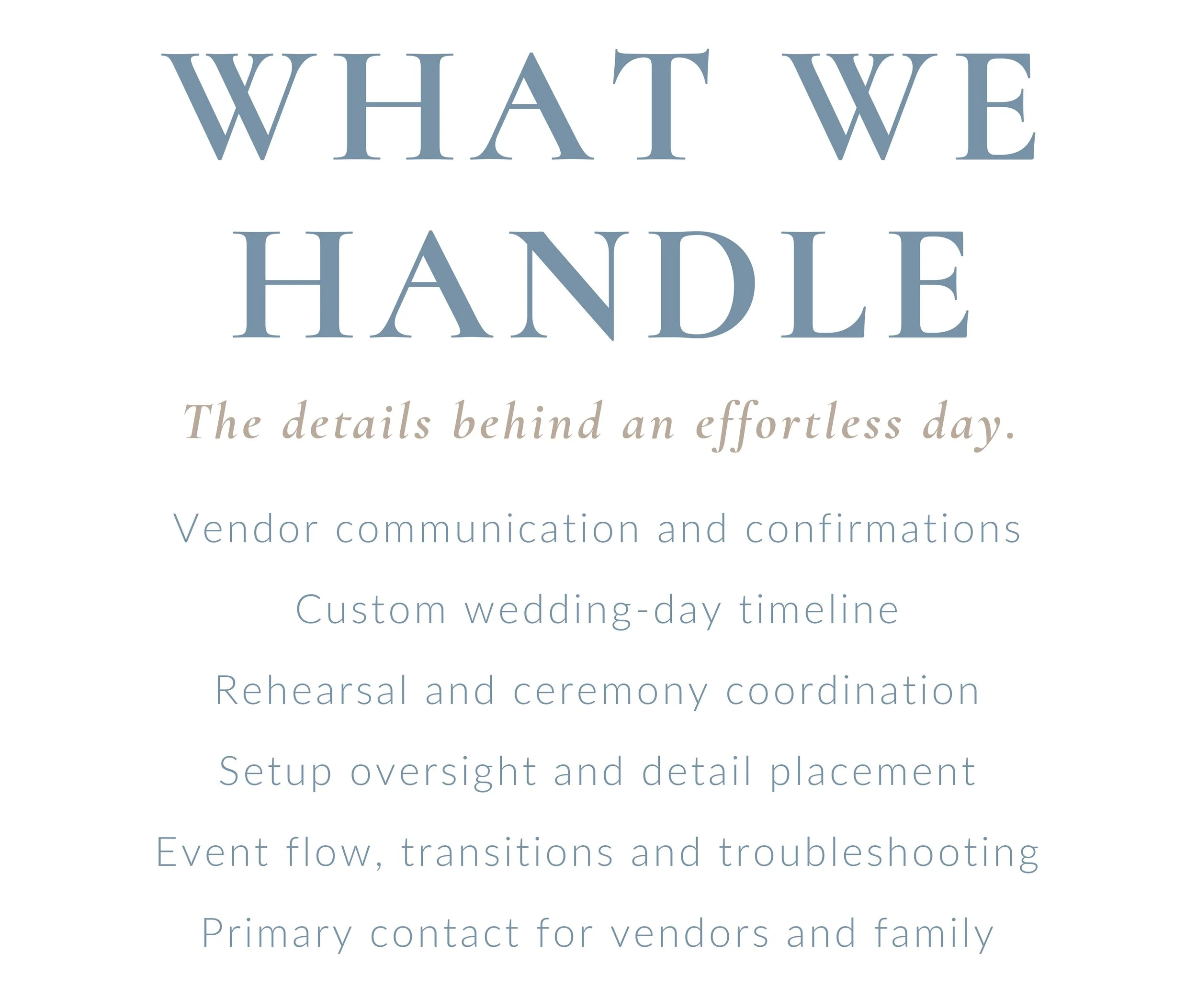 Wedding coordination services including vendor communication, custom timelines, rehearsal coordination and wedding-day management.
