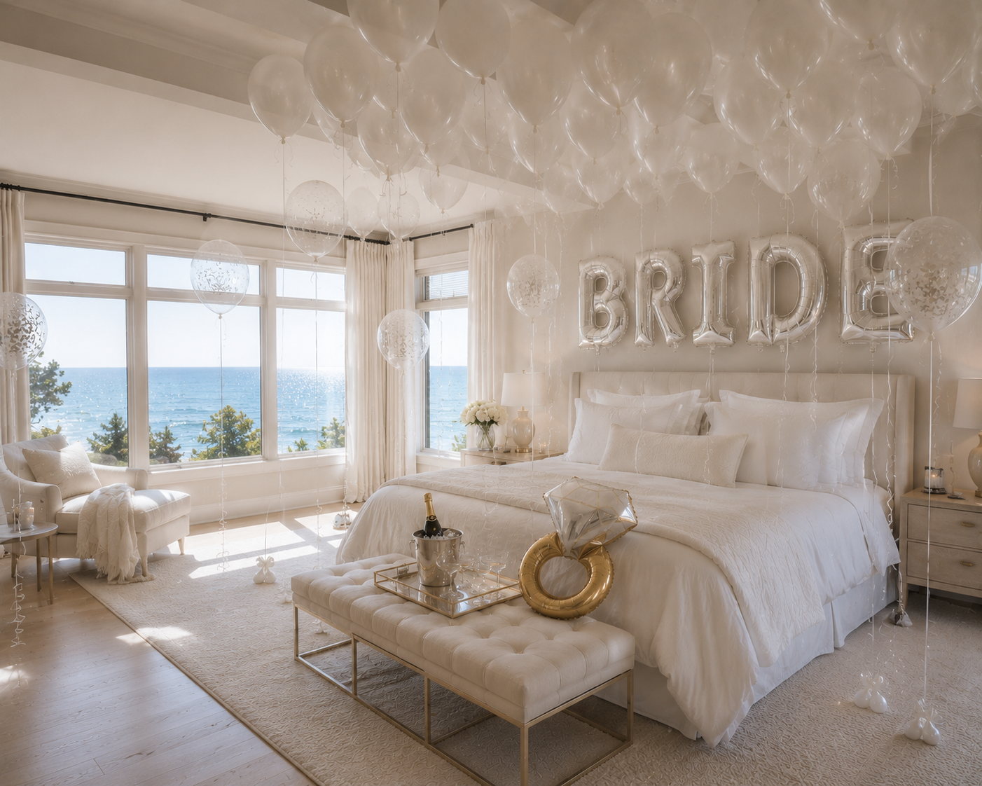 Decorated bedroom with white bed, balloons, and 'bride' balloons on the wall, overlooking ocean view through large windows, with champagne and gold accents.