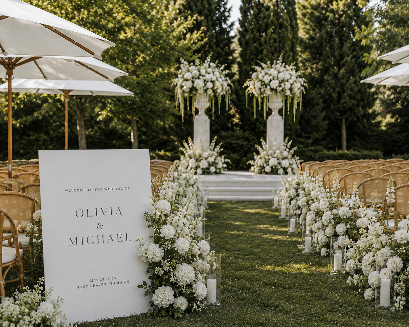 Welcome sign for Olivia and Michael beside a flower-lined garden wedding aisle.