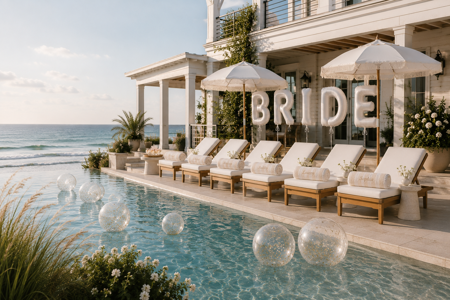 Beachside wedding decoration with white chairs, umbrellas, potted plants, and large balloons spelling 'BRIDE' in front of a house overlooking the ocean.