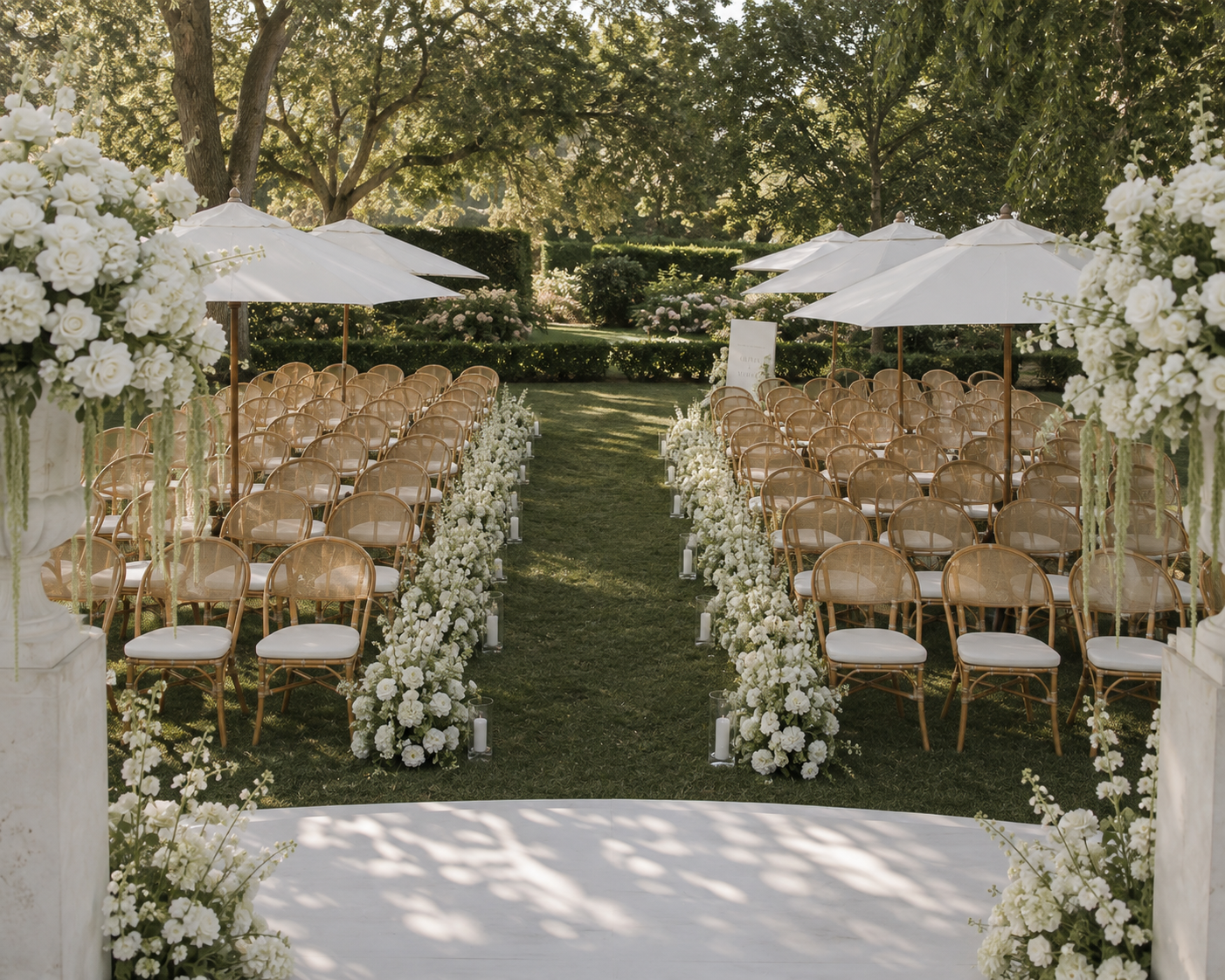 Elegant outdoor garden wedding ceremony with white floral aisle arrangements, woven chairs and white umbrellas.