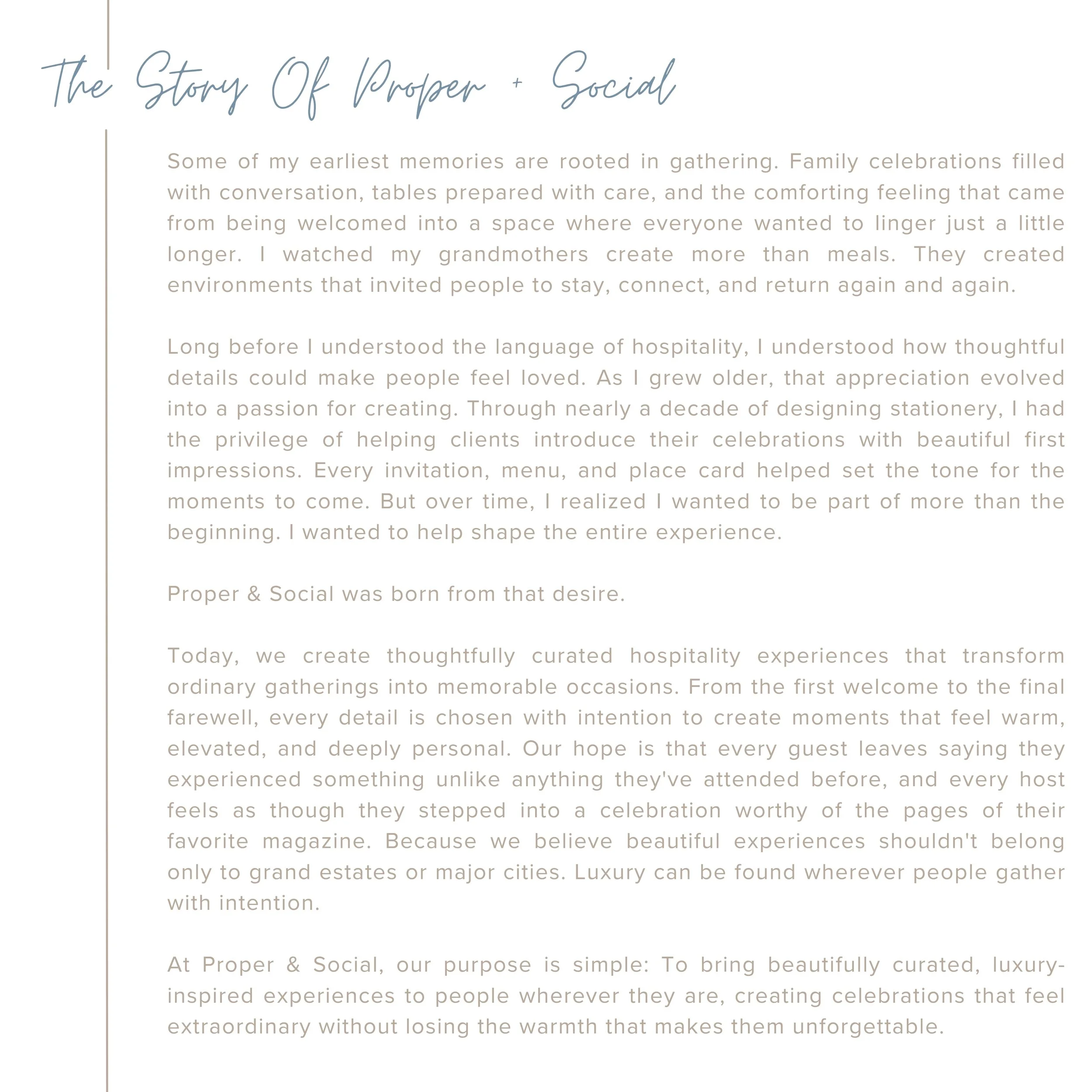 Text on a page with a decorative cursive heading that reads, 'The Story Of Proper + Social,' followed by several paragraphs of body text.